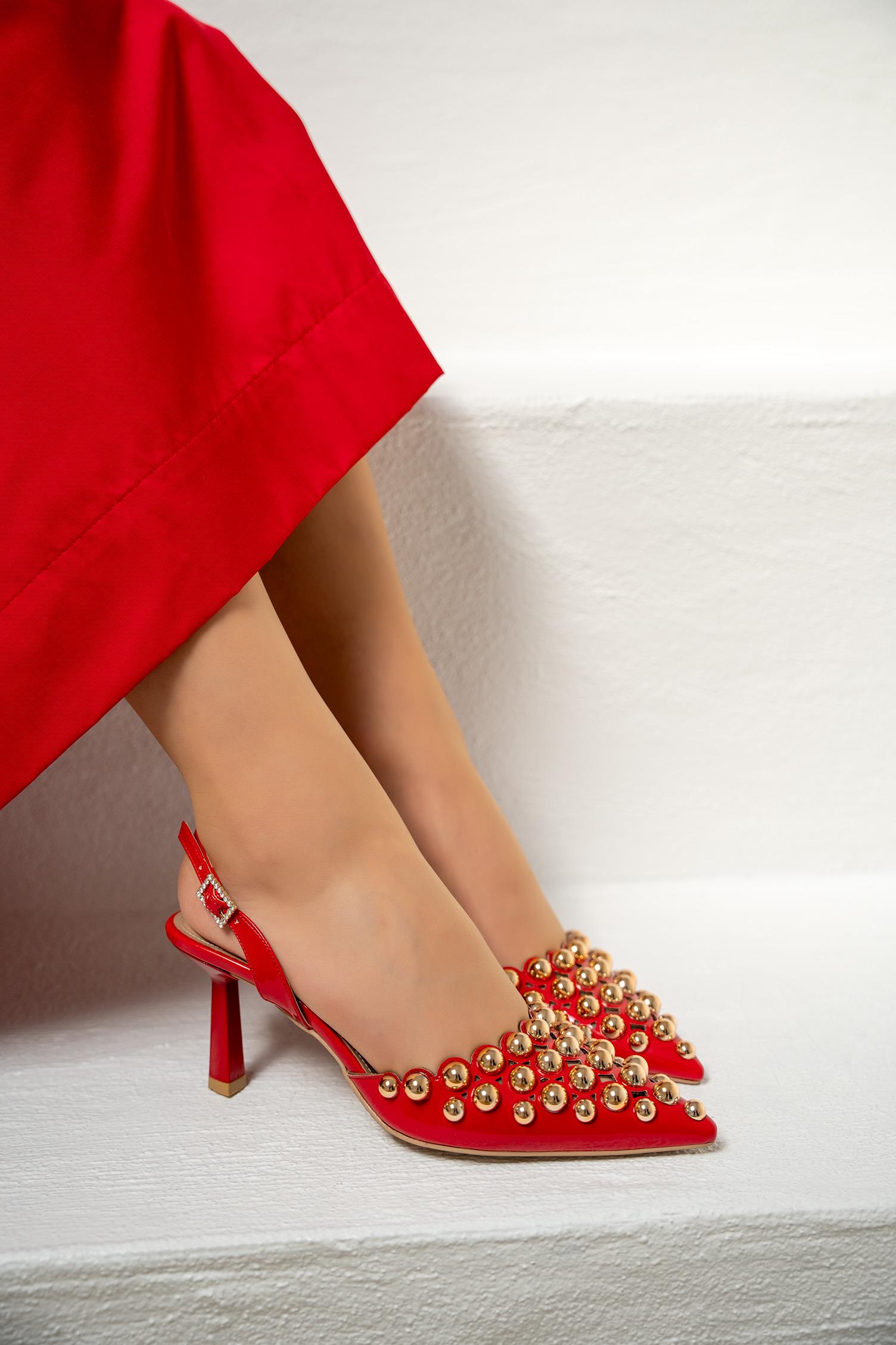 Simba Metal Zımbalı Topuklu Ayakkabı - KIRMIZI