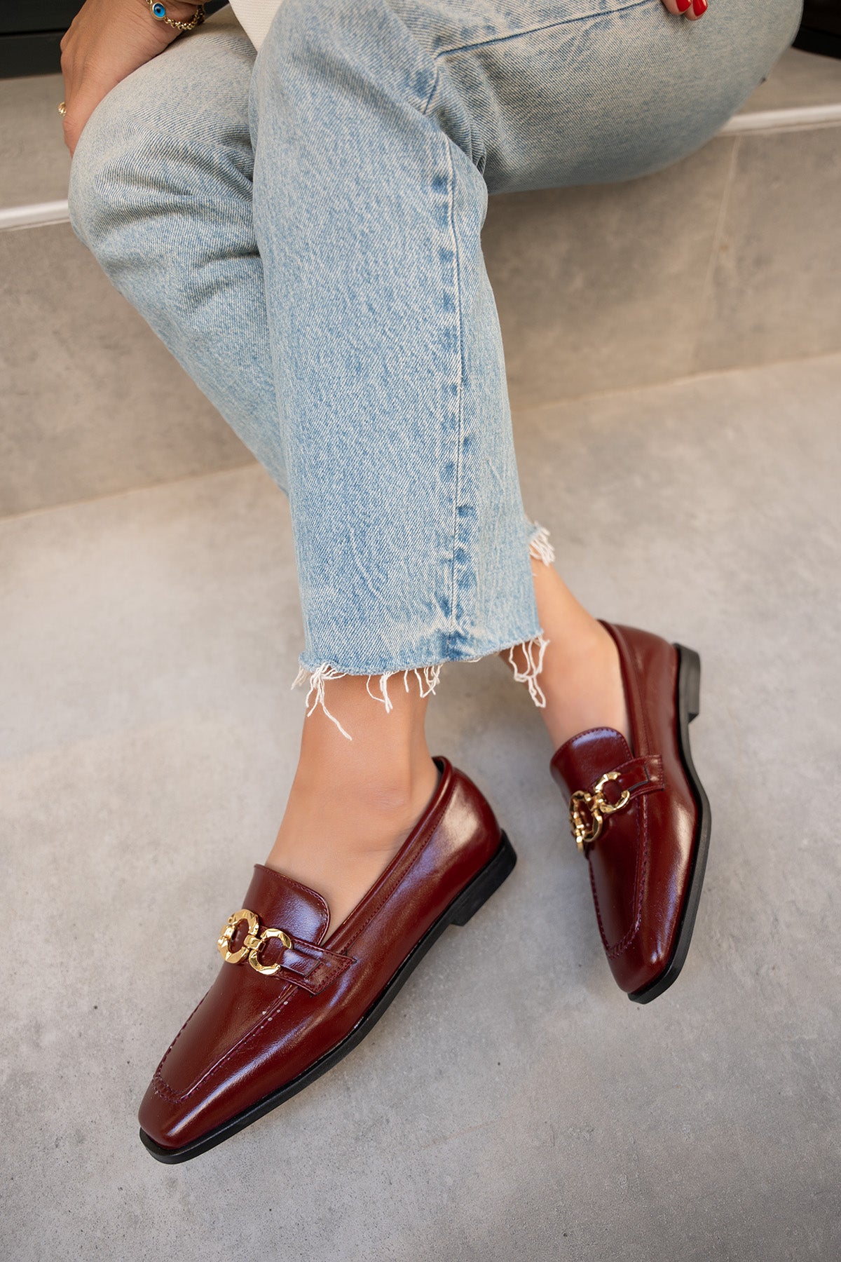Biens Düz Taban Gold Detaylı Ayakkabı - BORDO DERİ
