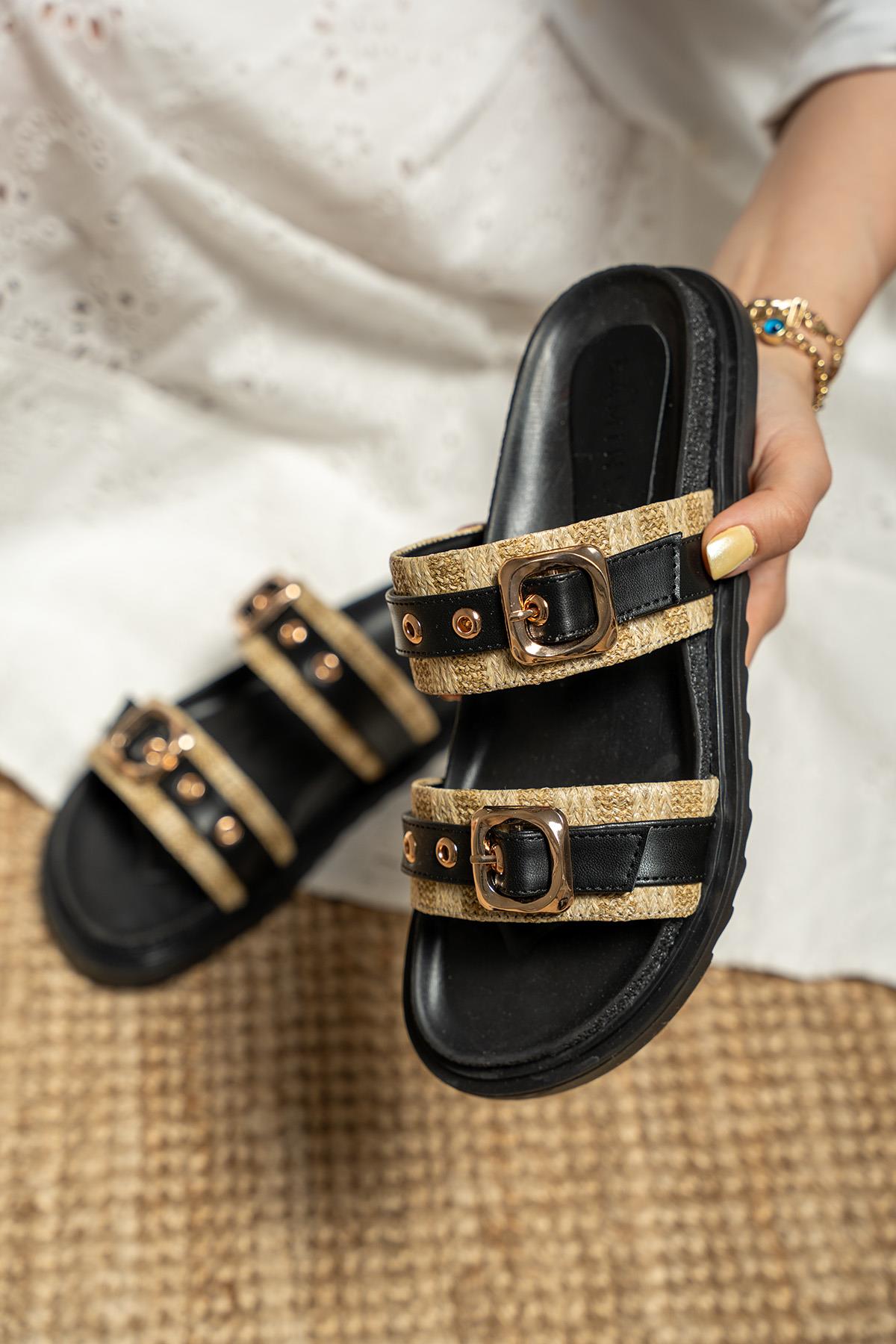 Bassa Hasır Detaylı Tokalı Terlik - SİYAH