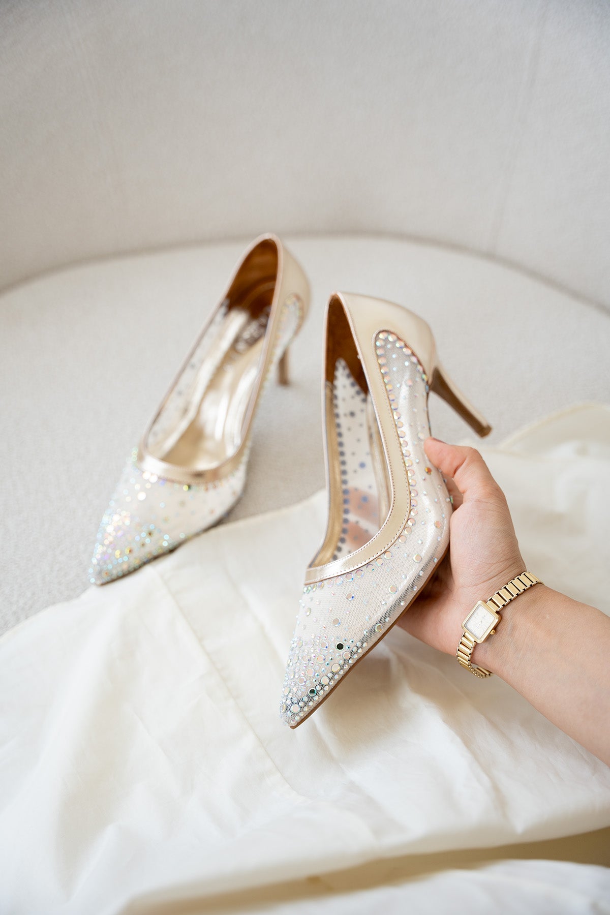 Miego Taşlı File Detaylı Kadın Topuklu Ayakkabı - GOLD