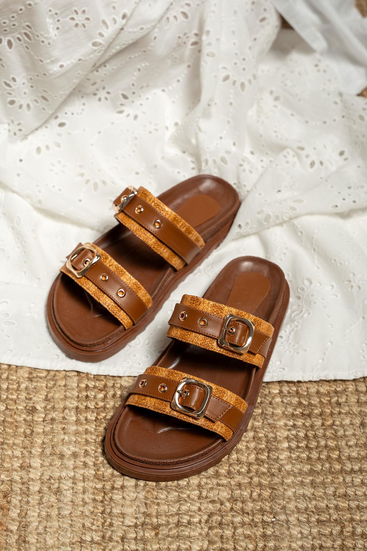 Bassa Hasır Detaylı Tokalı Terlik - TABA