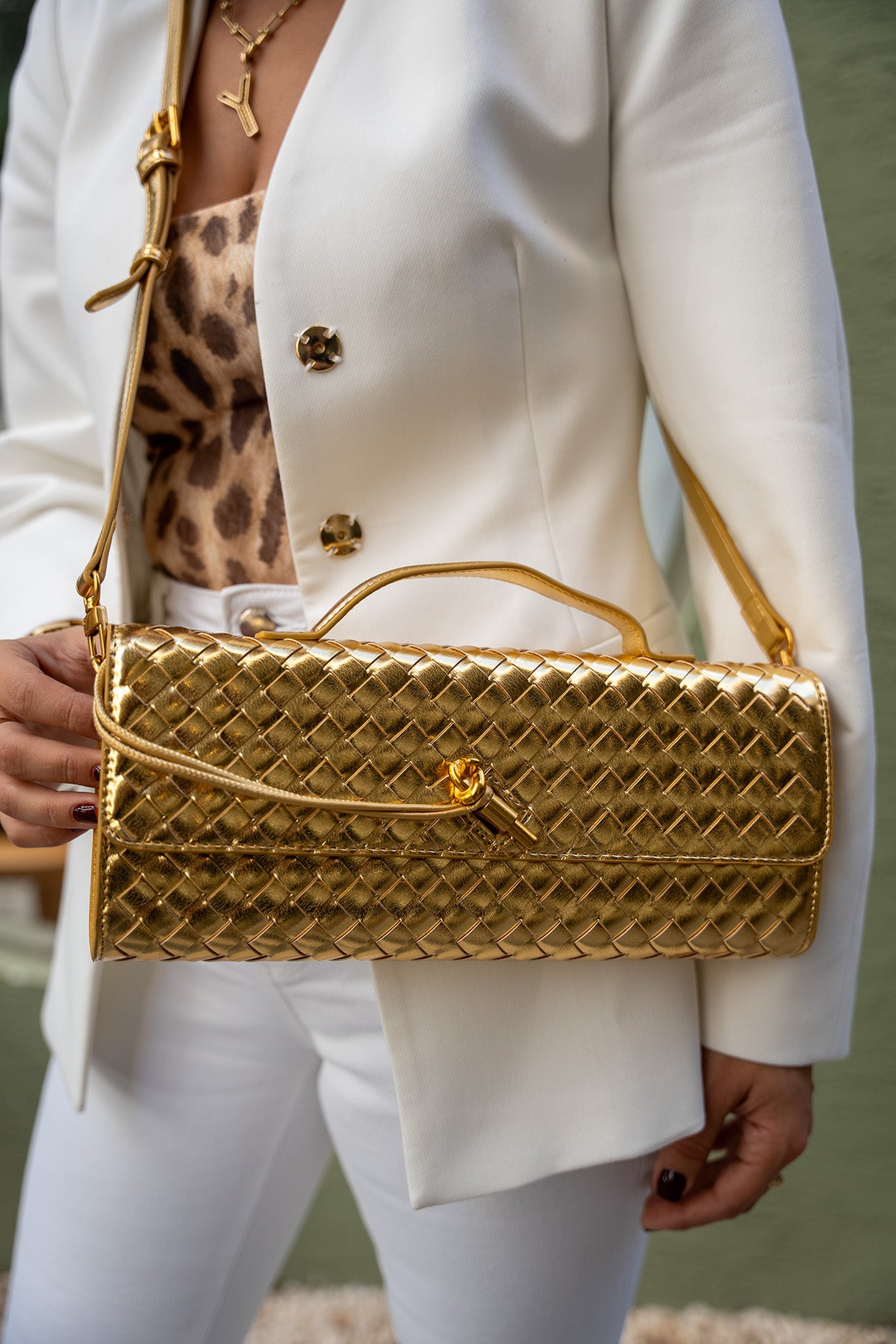 Cway Örgü Detaylı Kadın Clutch Çanta - GOLD