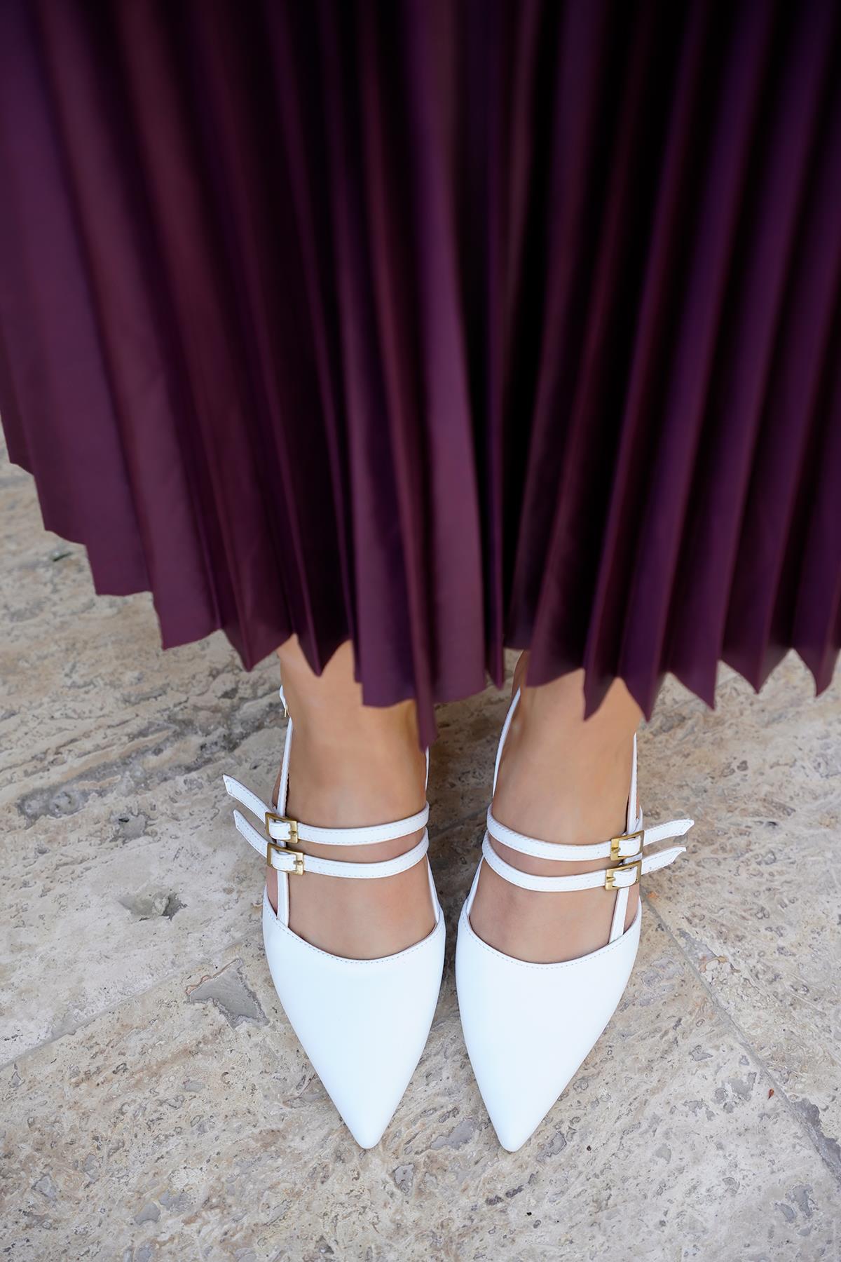 LEYDA KALIN TOPUK DETAYLI KADIN AYAKKABI - BEYAZ DERİ