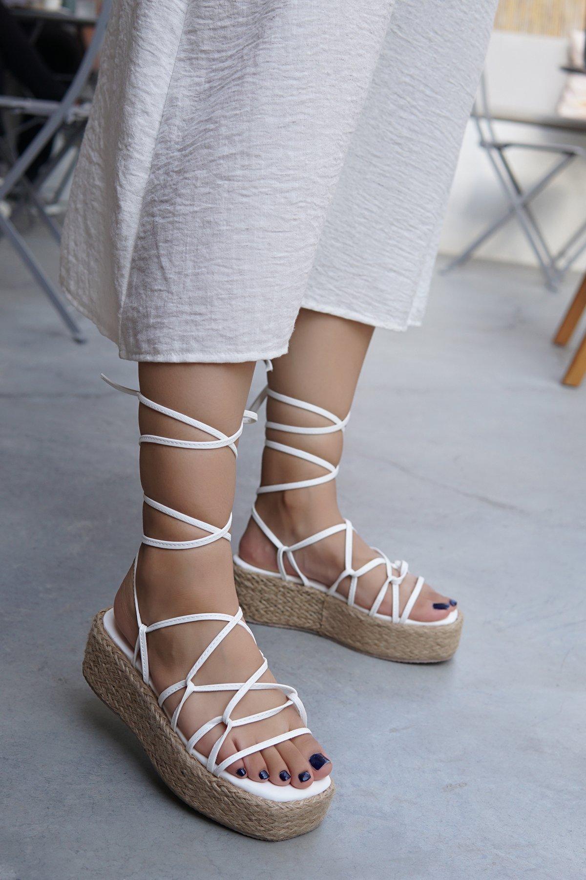 GLAD HASIR DETAYLI BAĞLAMALI SANDALET - BEYAZ