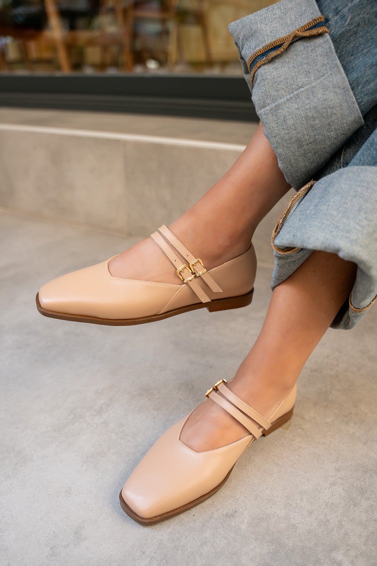 Jadon Çift Toka Detaylı Babet - NUDE DERİ