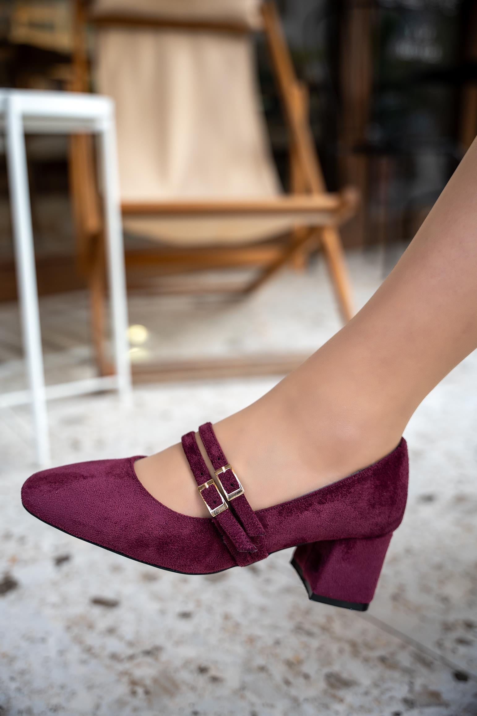 BETİNA TOKALI KALIN TOPUKLU AYAKKABI - BORDO SÜET