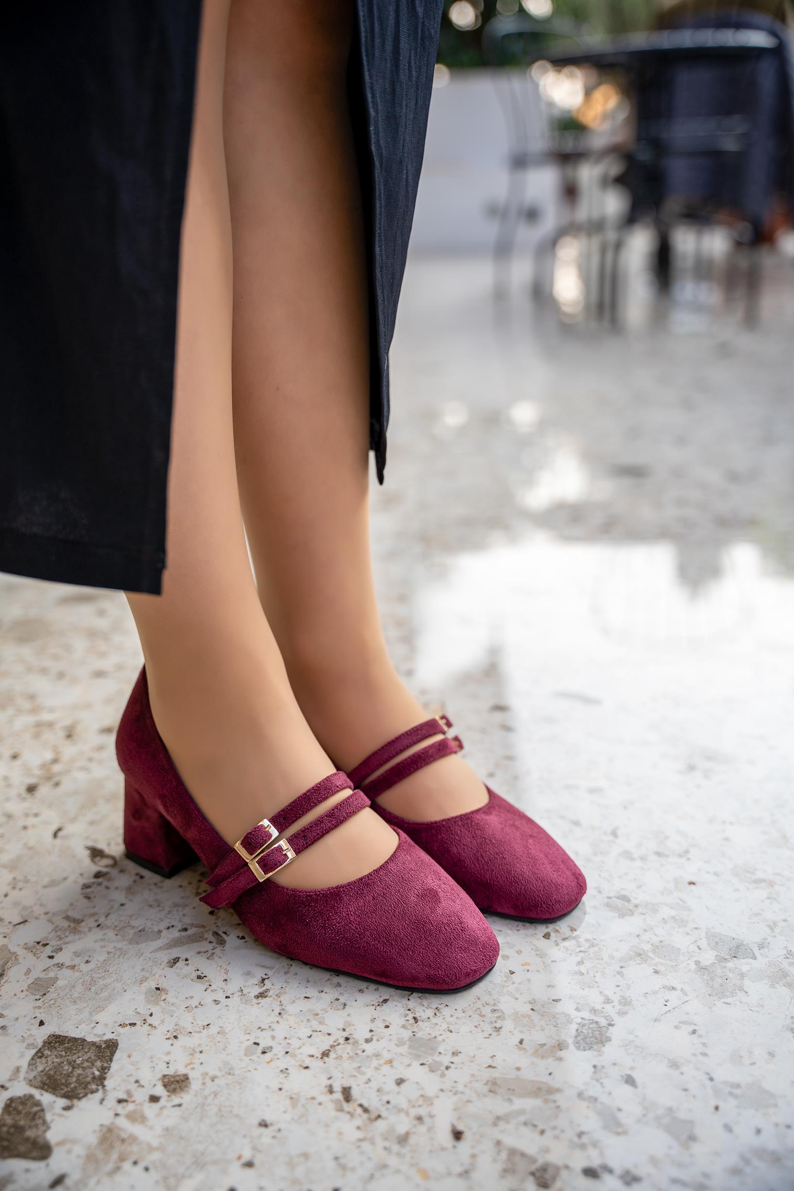 BETİNA TOKALI KALIN TOPUKLU AYAKKABI - BORDO SÜET