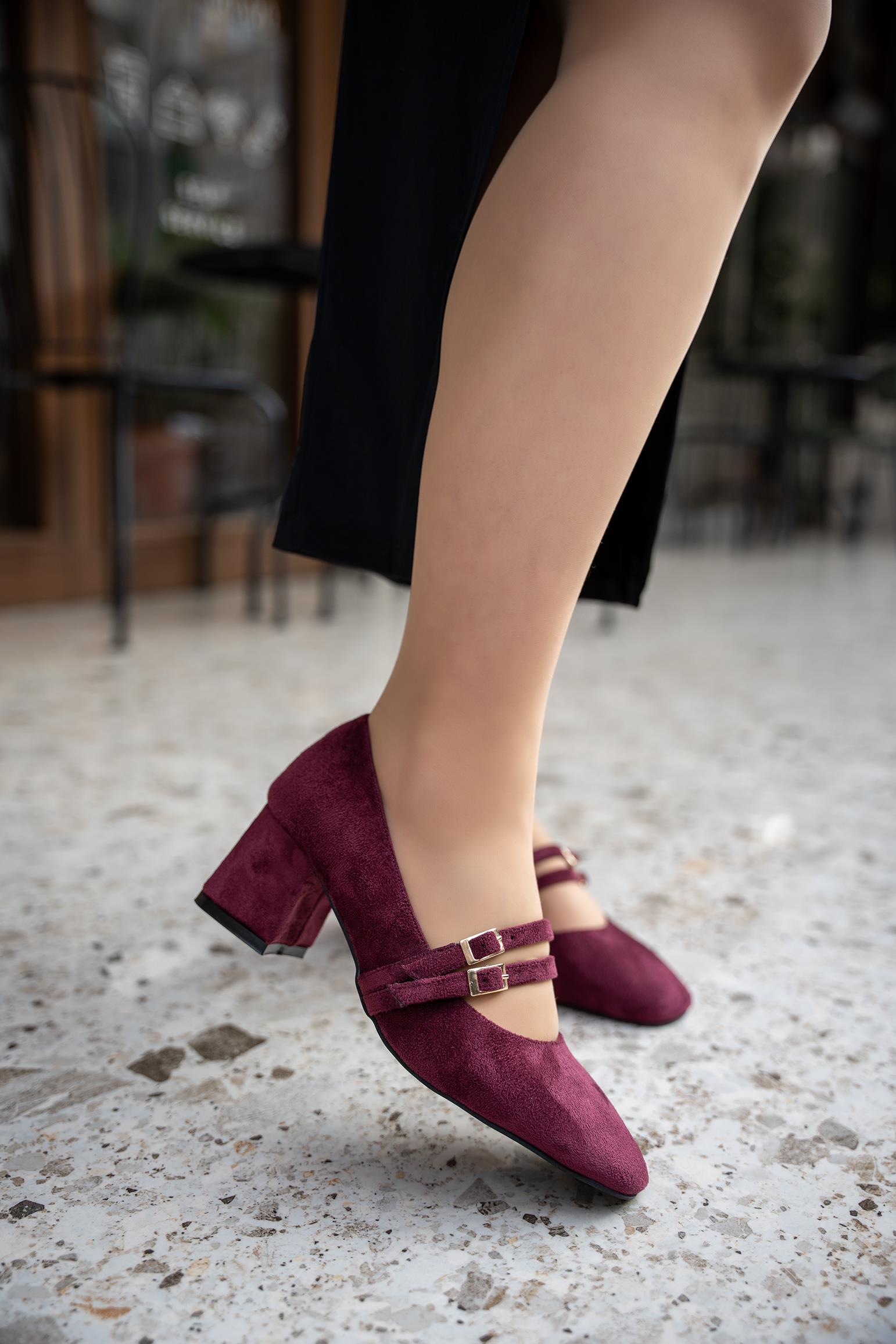 BETİNA TOKALI KALIN TOPUKLU AYAKKABI - BORDO SÜET