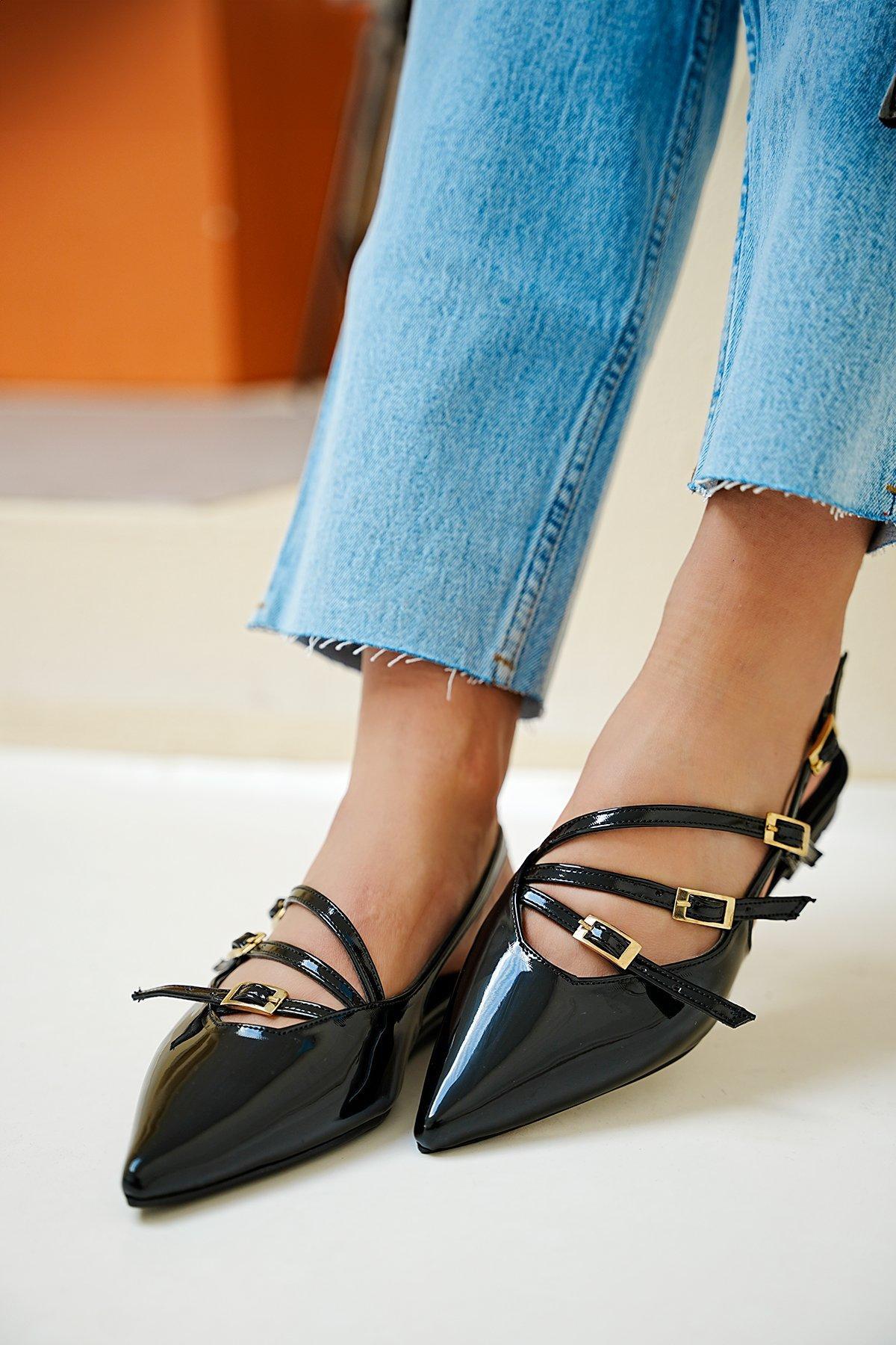 MONA ŞERİT DETAYLI BABET - SİYAH