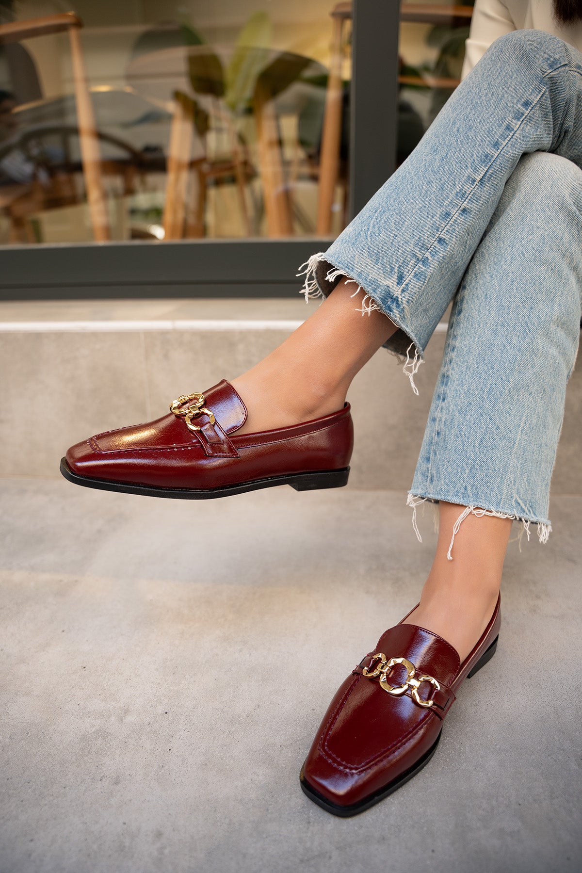 Biens Düz Taban Gold Detaylı Ayakkabı - BORDO DERİ