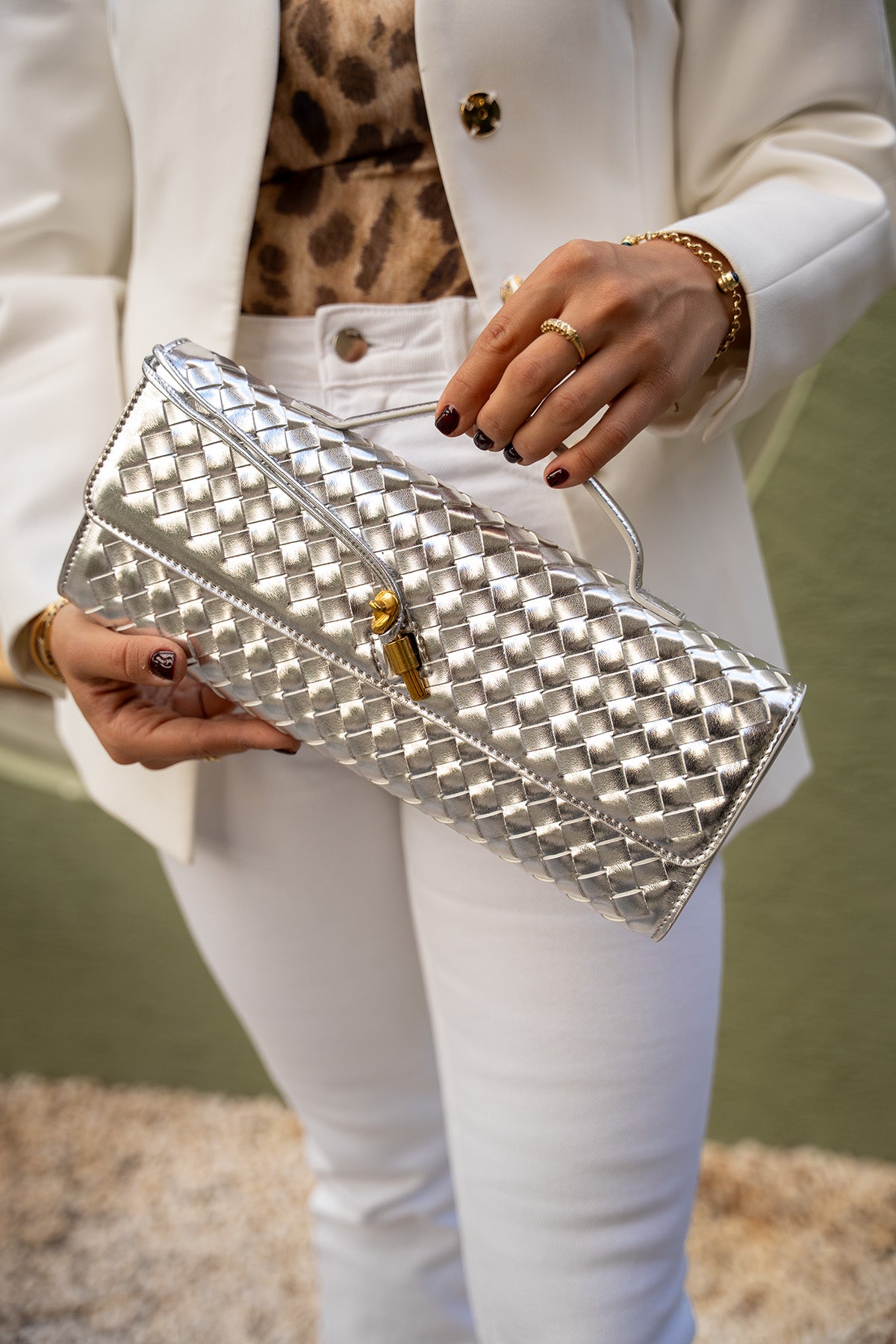 Cway Örgü Detaylı Kadın Clutch Çanta - Silver