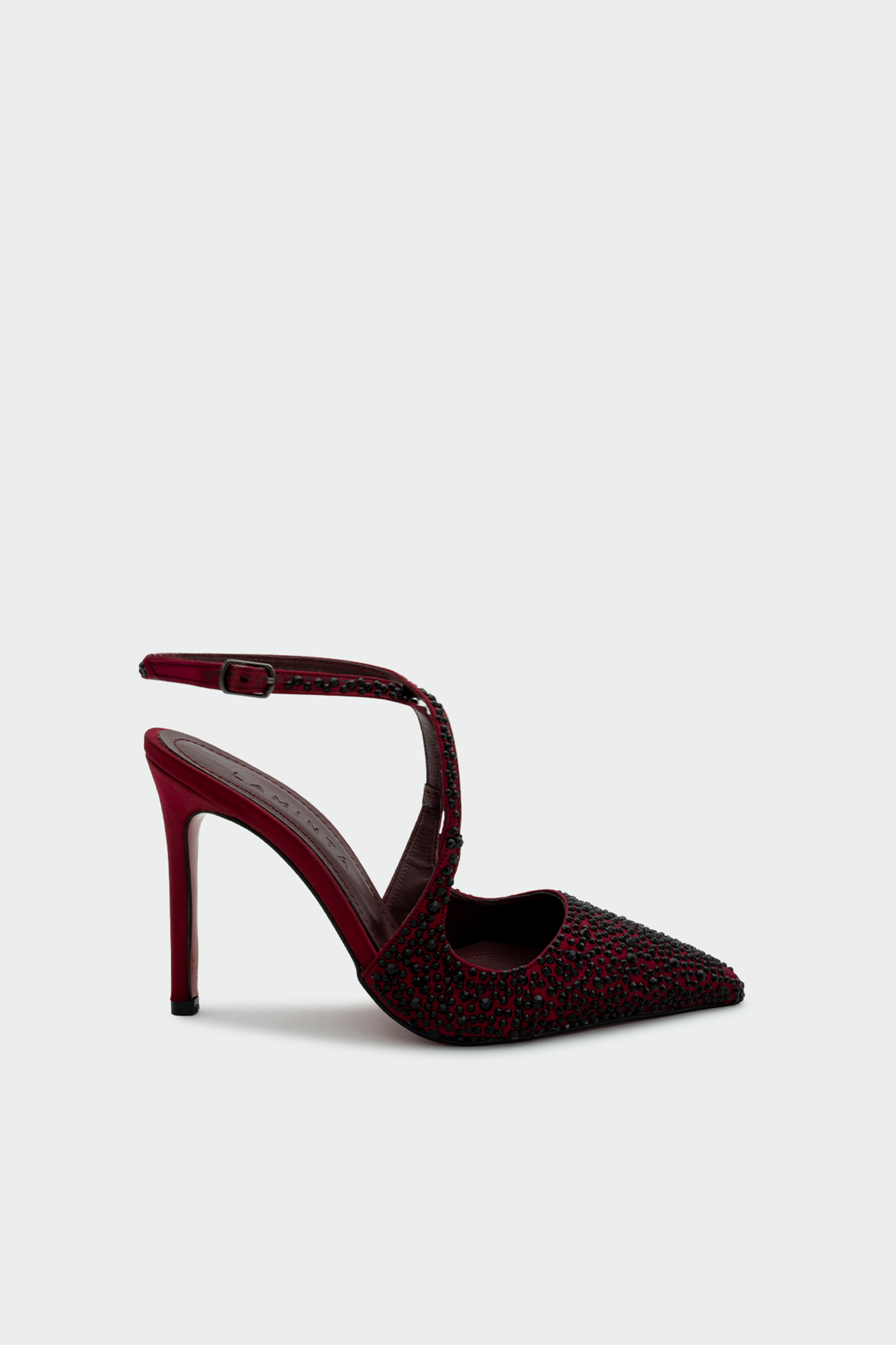 Never Taşlı Çapraz Detaylı Topuklu Ayakkabı - BORDO