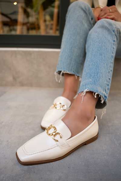 Biens Düz Taban Gold Detaylı Ayakkabı - EKRU DERİ