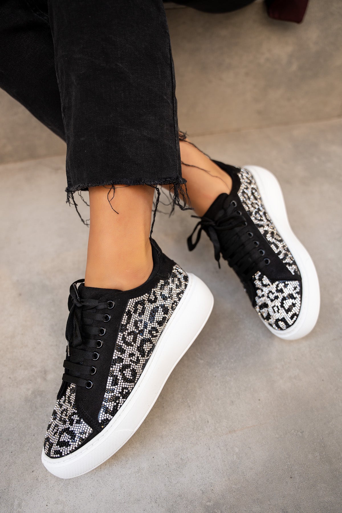 Comfy Leopar Desenli Spor Ayakkabı - Siyah-Silver