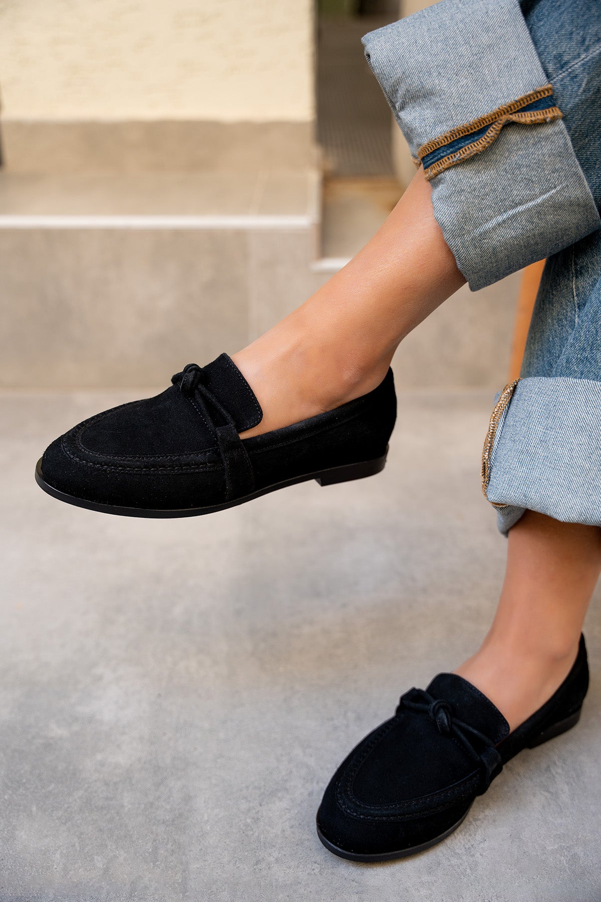 Onapy Düz Taban Düğüm Detaylı Ayakkabı - SİYAH SÜET