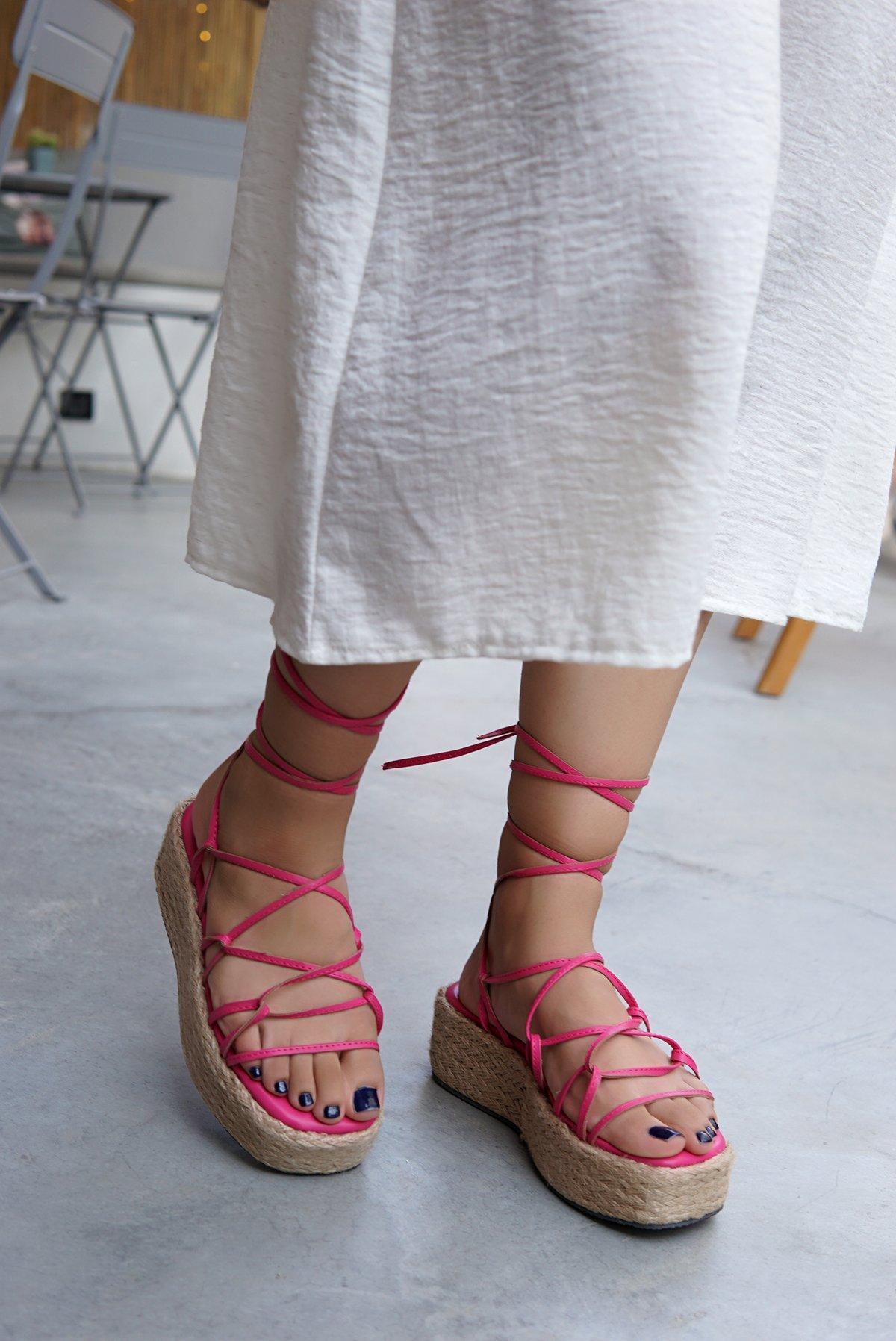 GLAD HASIR DETAYLI BAĞLAMALI SANDALET - FUŞYA