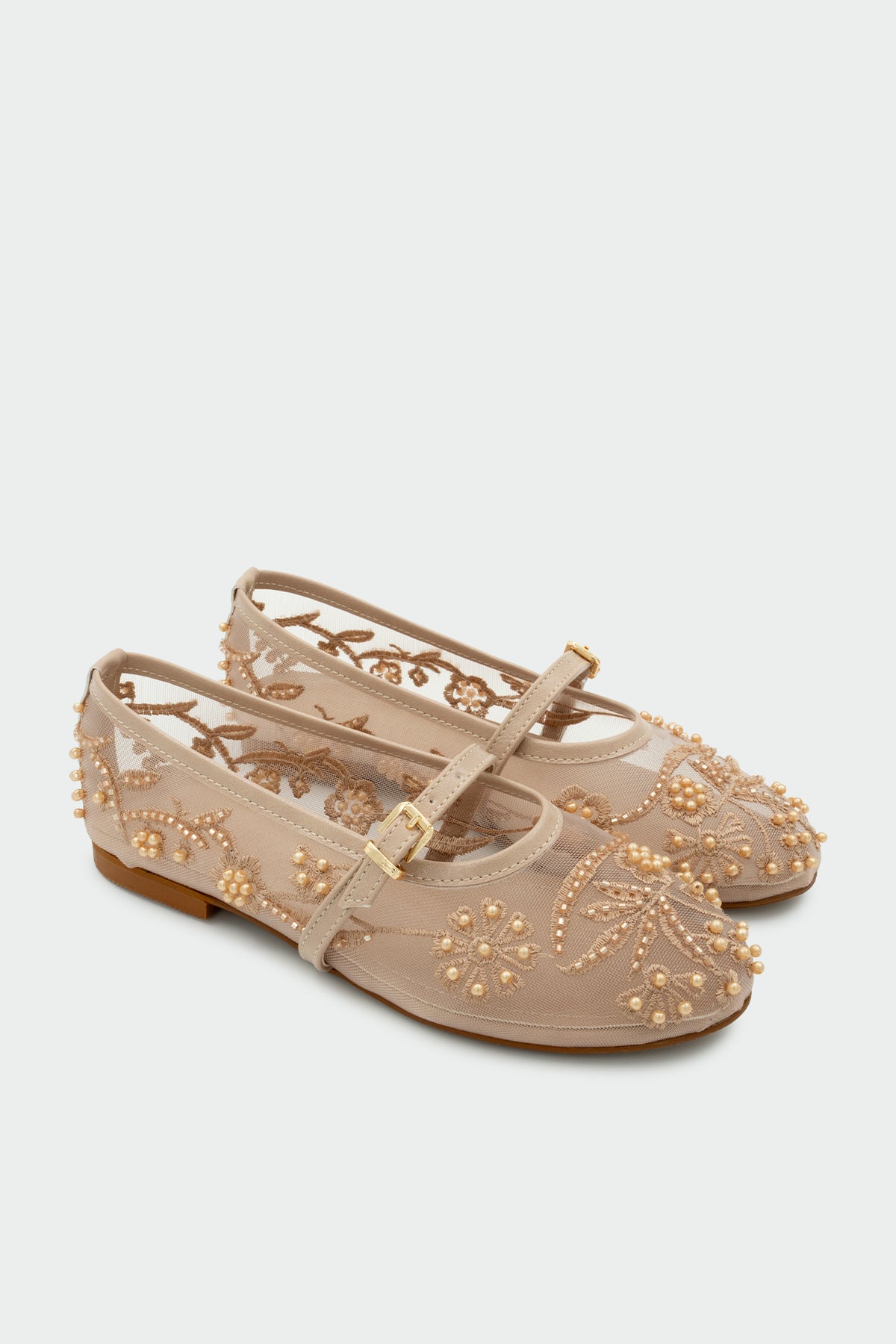 Kai İncili Nakışlı Kadın Düz Babet - NUDE