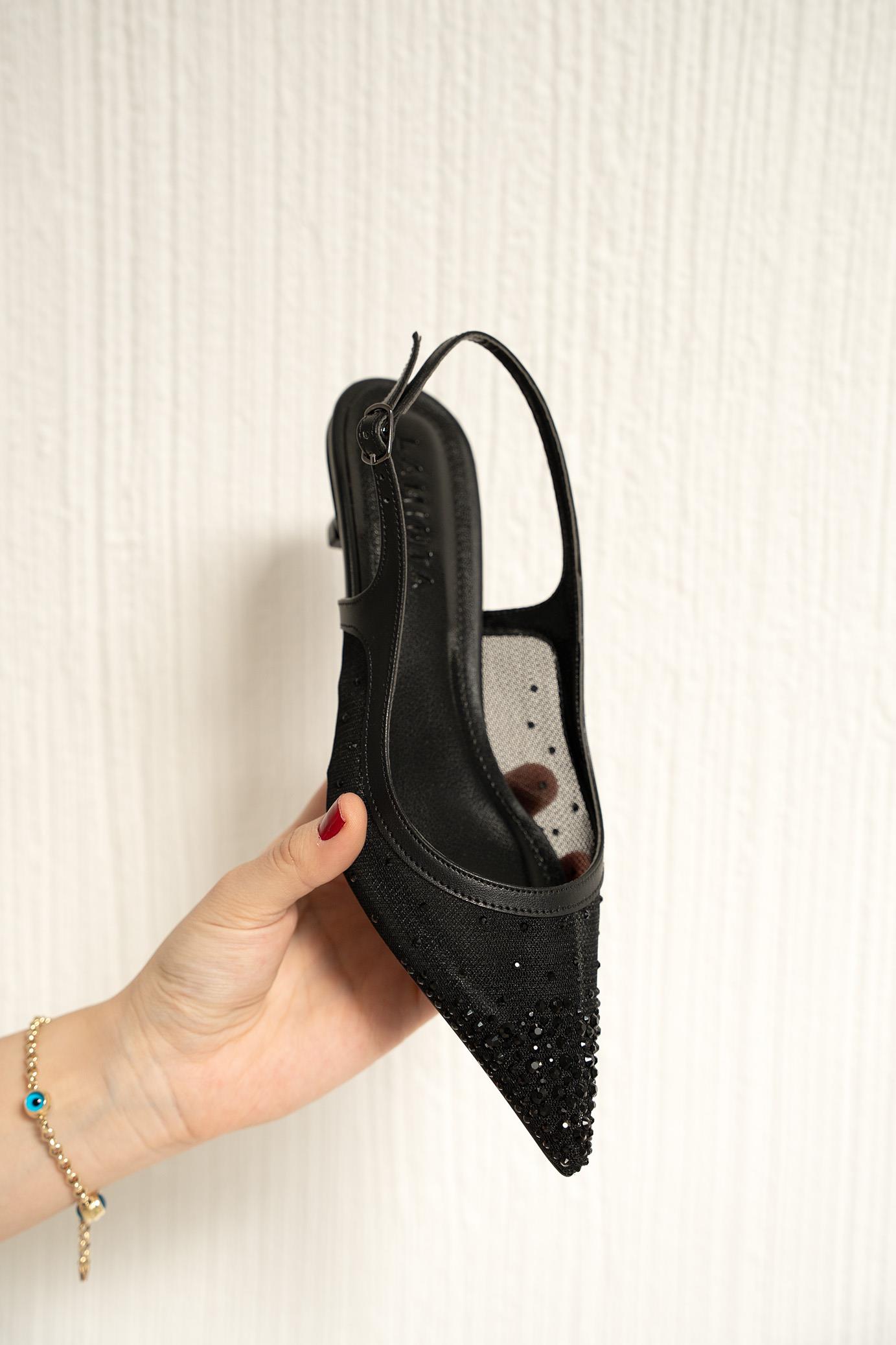 Yomy Taşlı Fileli Topuklu Ayakkabı - SİYAH