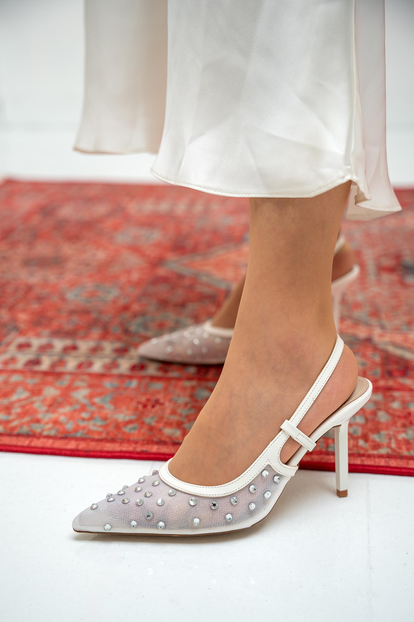 Sensu Taşlı Fileli Topuklu Ayakkabı - BEYAZ