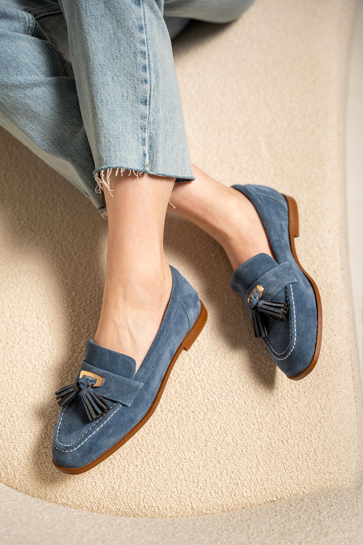 Glomar Püskül Detaylı Hakiki Deri Loafer - LACİVERT SÜET