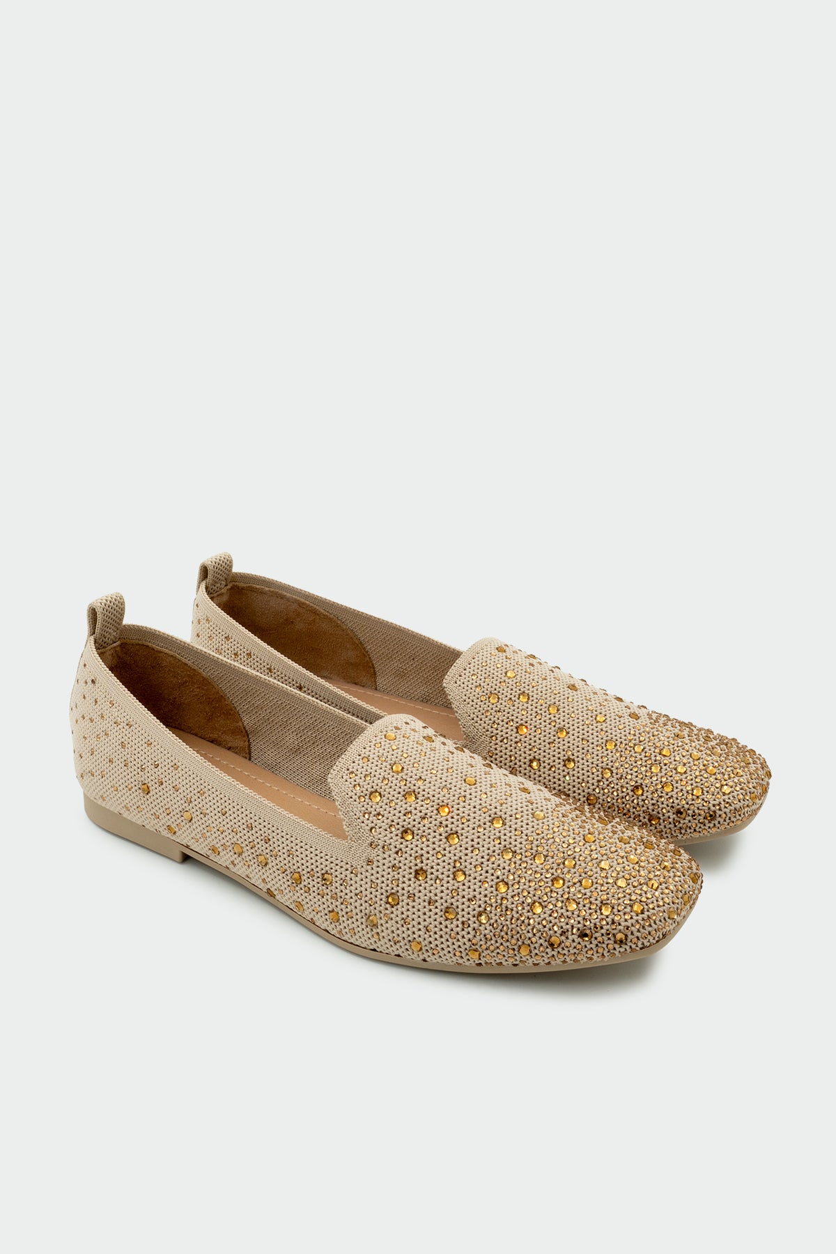 Flores Taşlı Kadın Triko İçi Hakiki Deri Babet - TEN