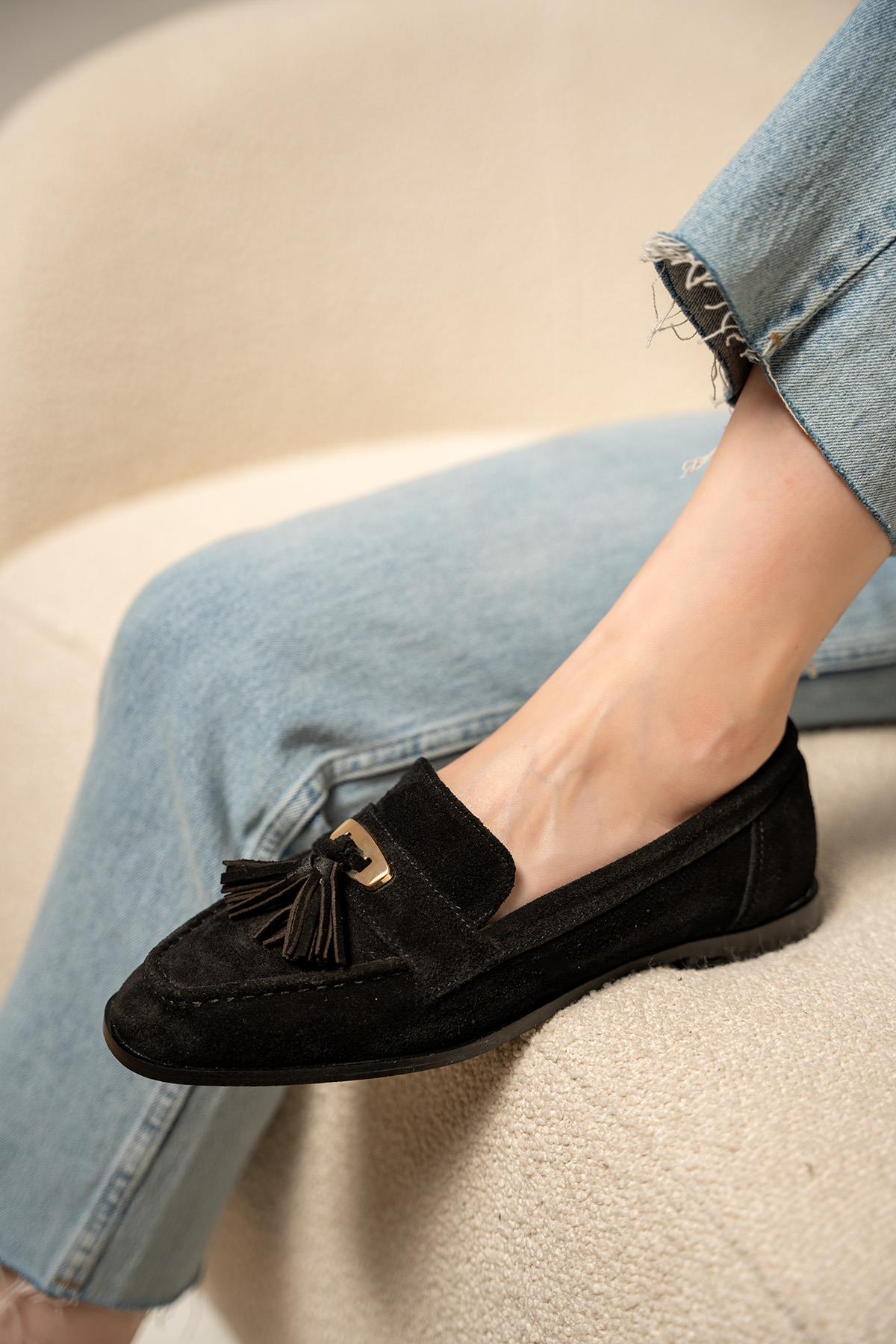 Glomar Püskül Detaylı Hakiki Deri Loafer - SİYAH SÜET