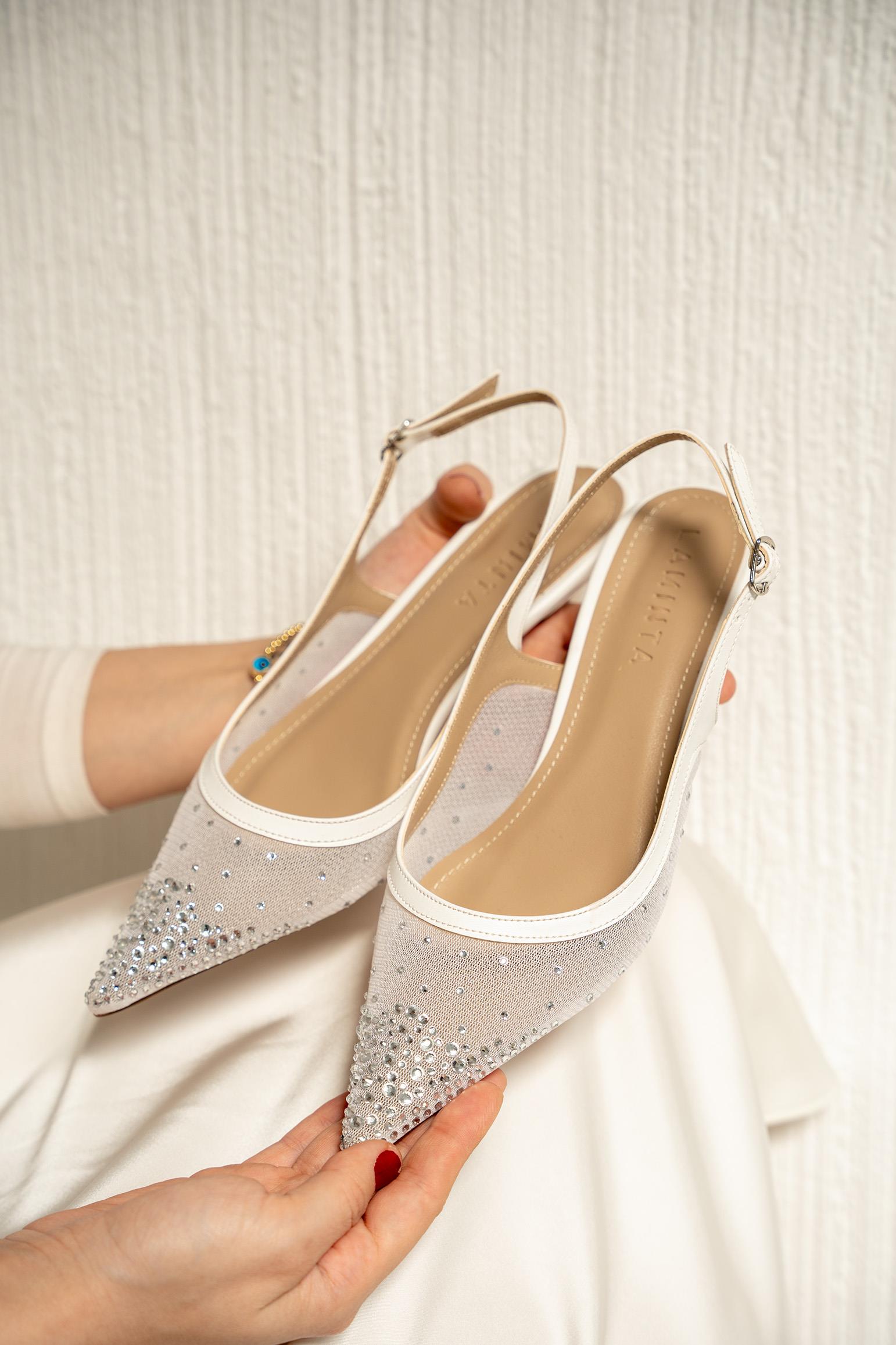 Yomy Taşlı Fileli Topuklu Ayakkabı - BEYAZ