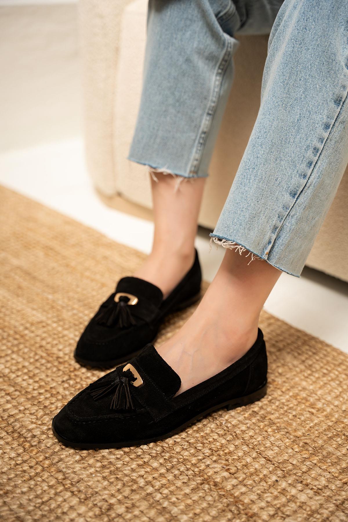 Glomar Püskül Detaylı Hakiki Deri Loafer - SİYAH SÜET