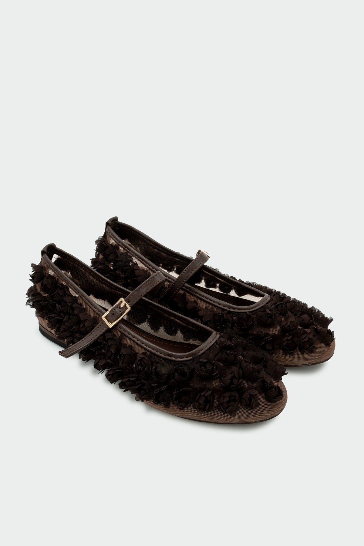 Jiso Çiçek Desenli Tokalı Kadın Babet - ACI KAHVE