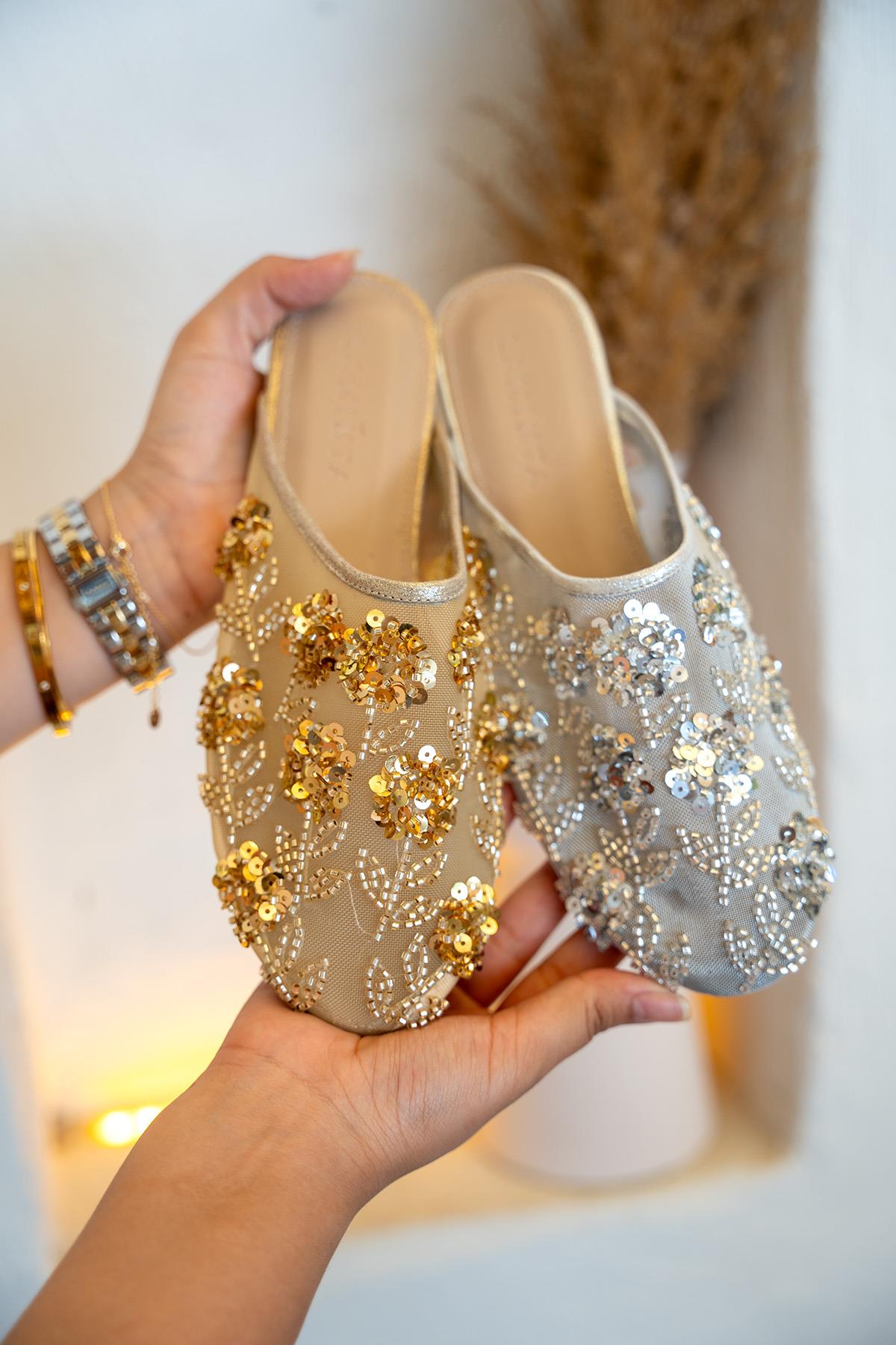 Lory Boncuk İşlemeli Fileli Terlik - GOLD