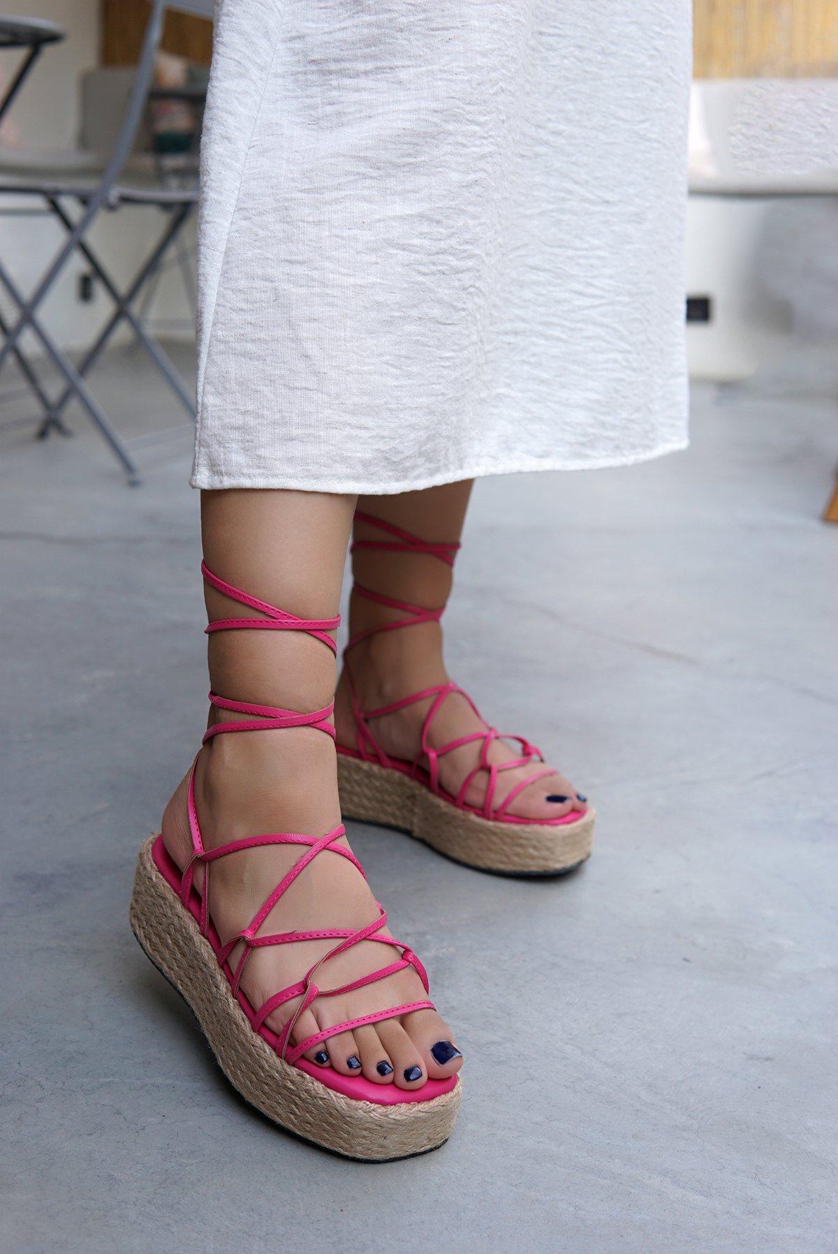 GLAD HASIR DETAYLI BAĞLAMALI SANDALET - FUŞYA