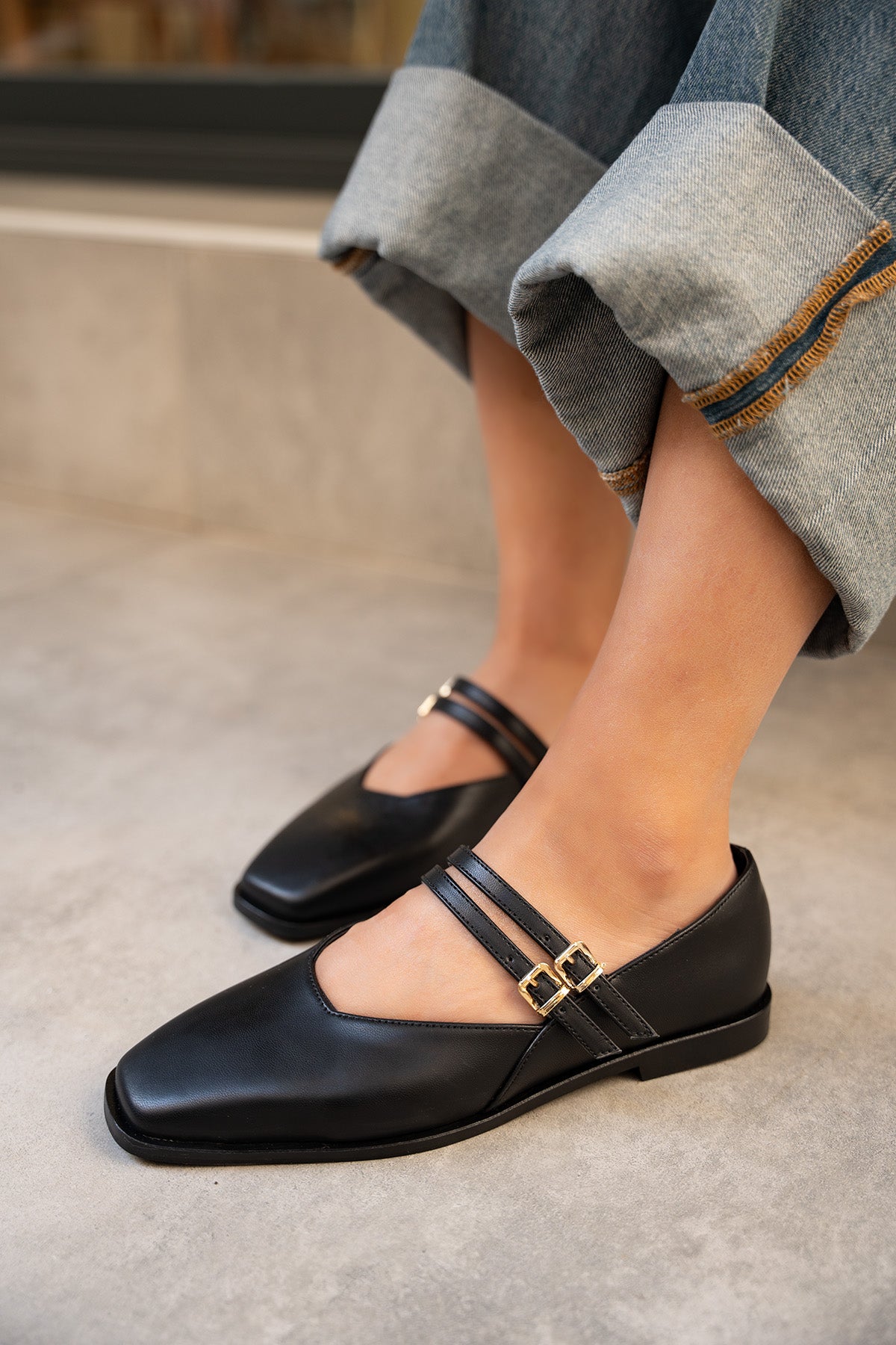 Jadon Çift Toka Detaylı Babet - SİYAH DERİ