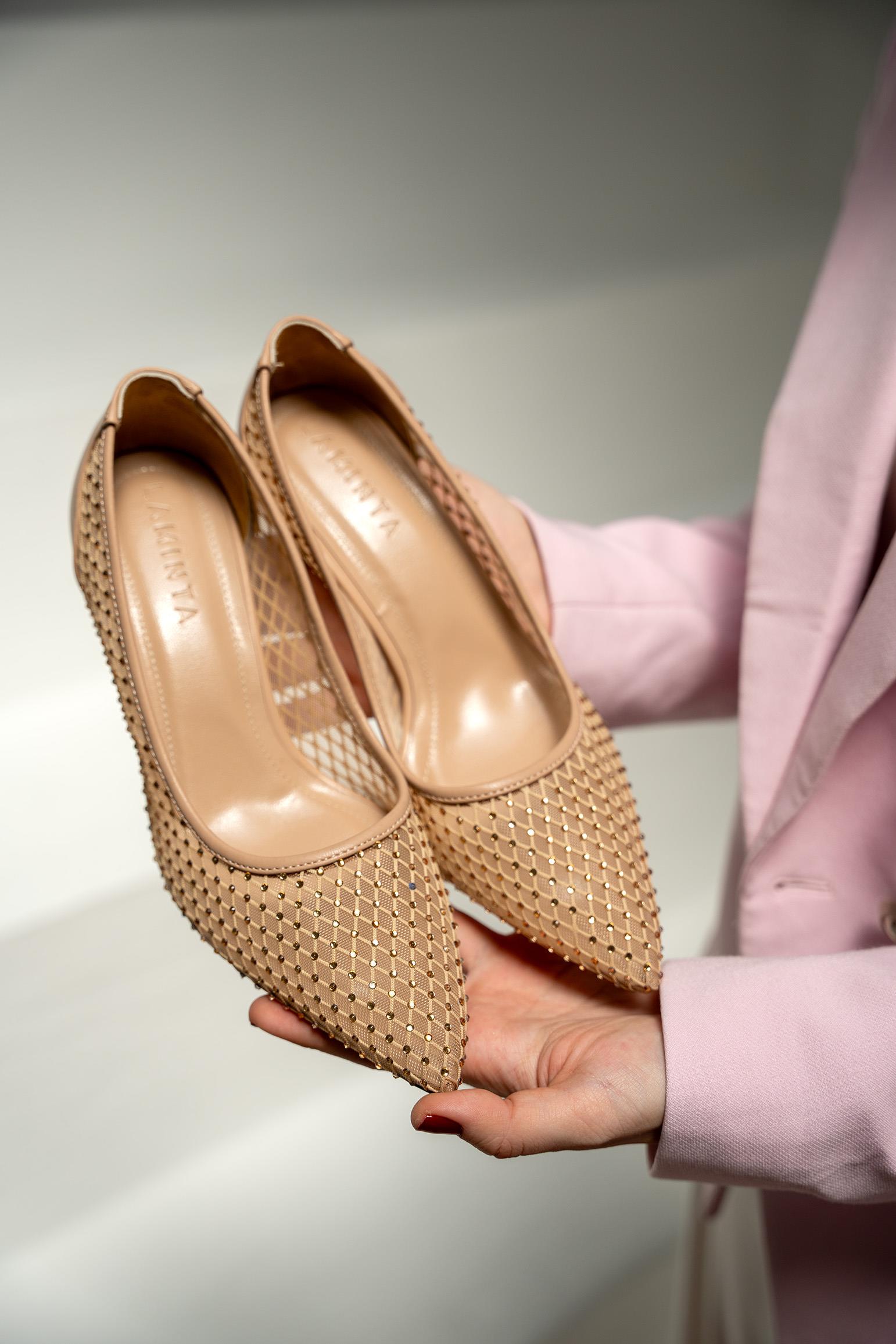 Allure Fileli Taşlı Topuklu Ayakkabı - NUDE