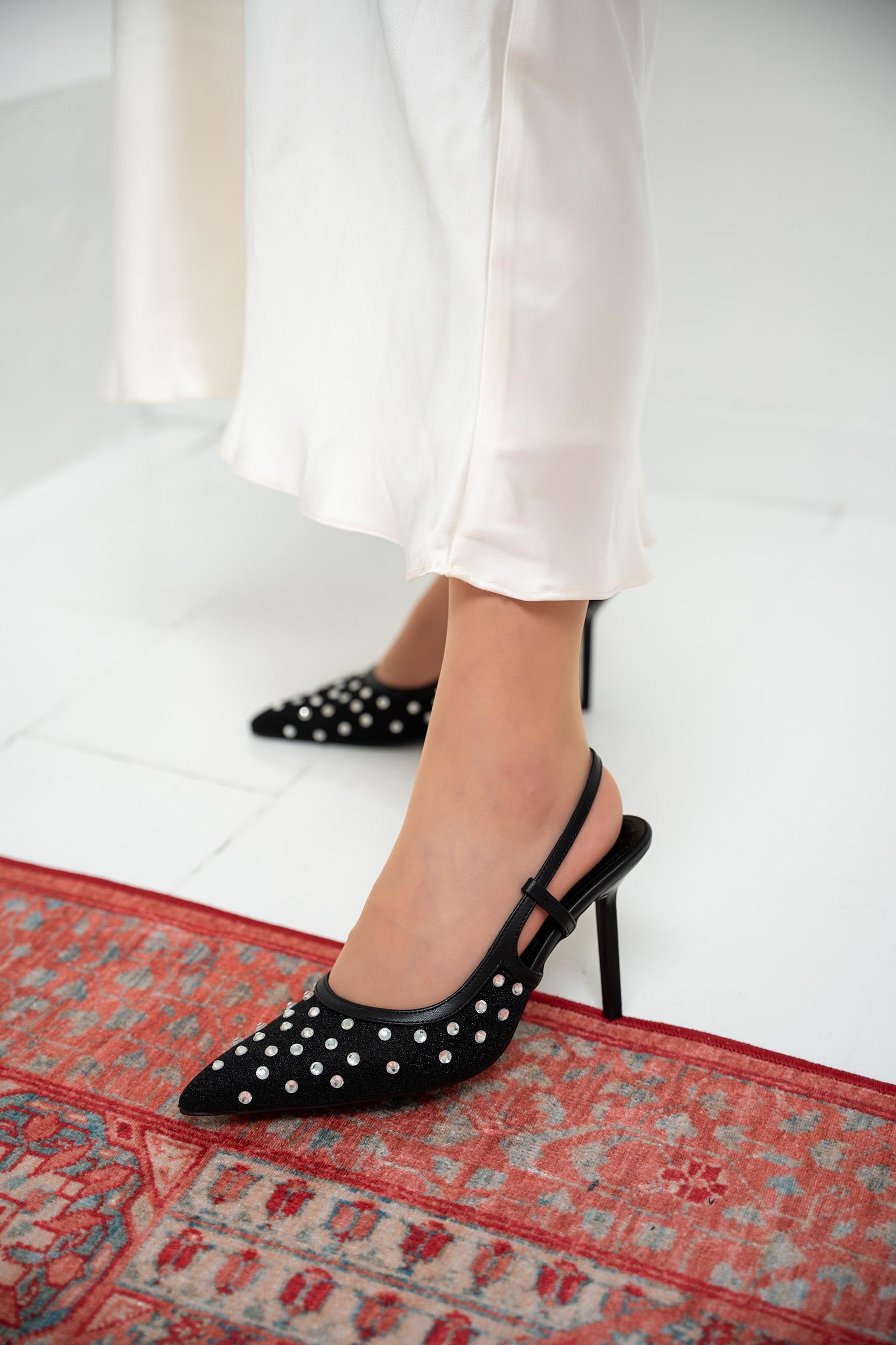 Sensu Taşlı Fileli Topuklu Ayakkabı - SİYAH