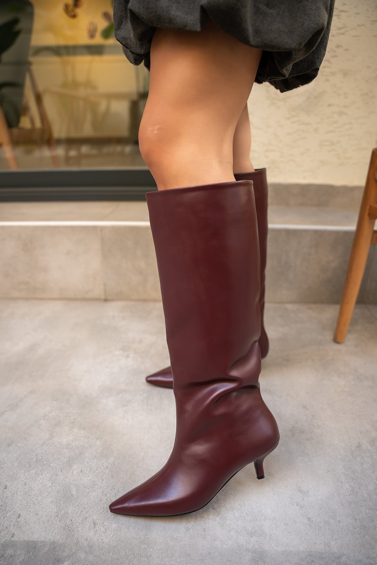 Polka Sivri Burun Düz Çizme - BORDO DERİ
