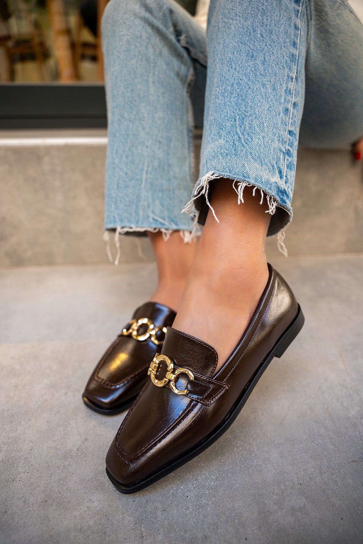 Biens Düz Taban Gold Detaylı Ayakkabı - AcıKahve Deri