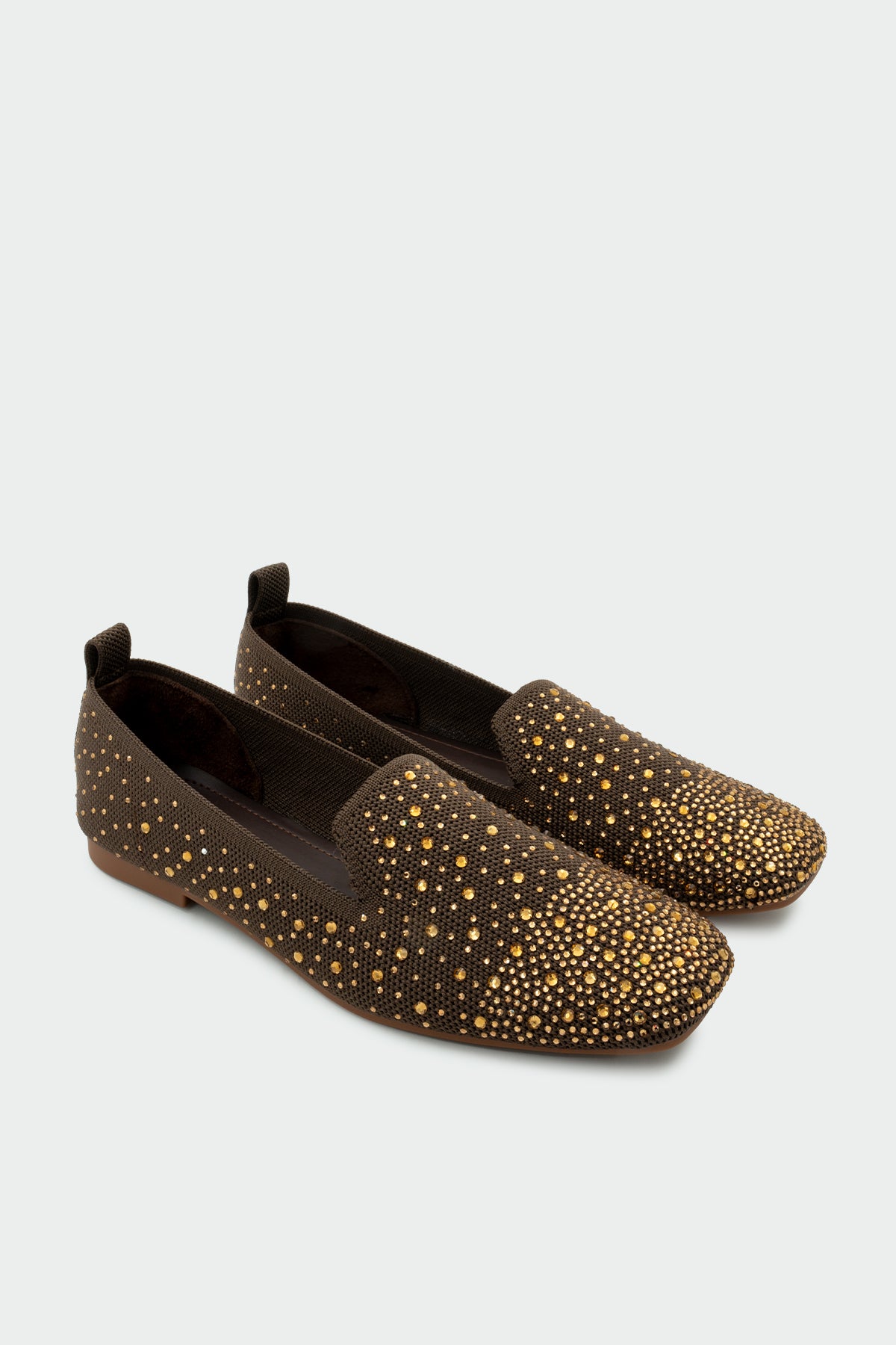 Flores Taşlı Kadın Triko İçi Hakiki Deri Babet - ACI KAHVE