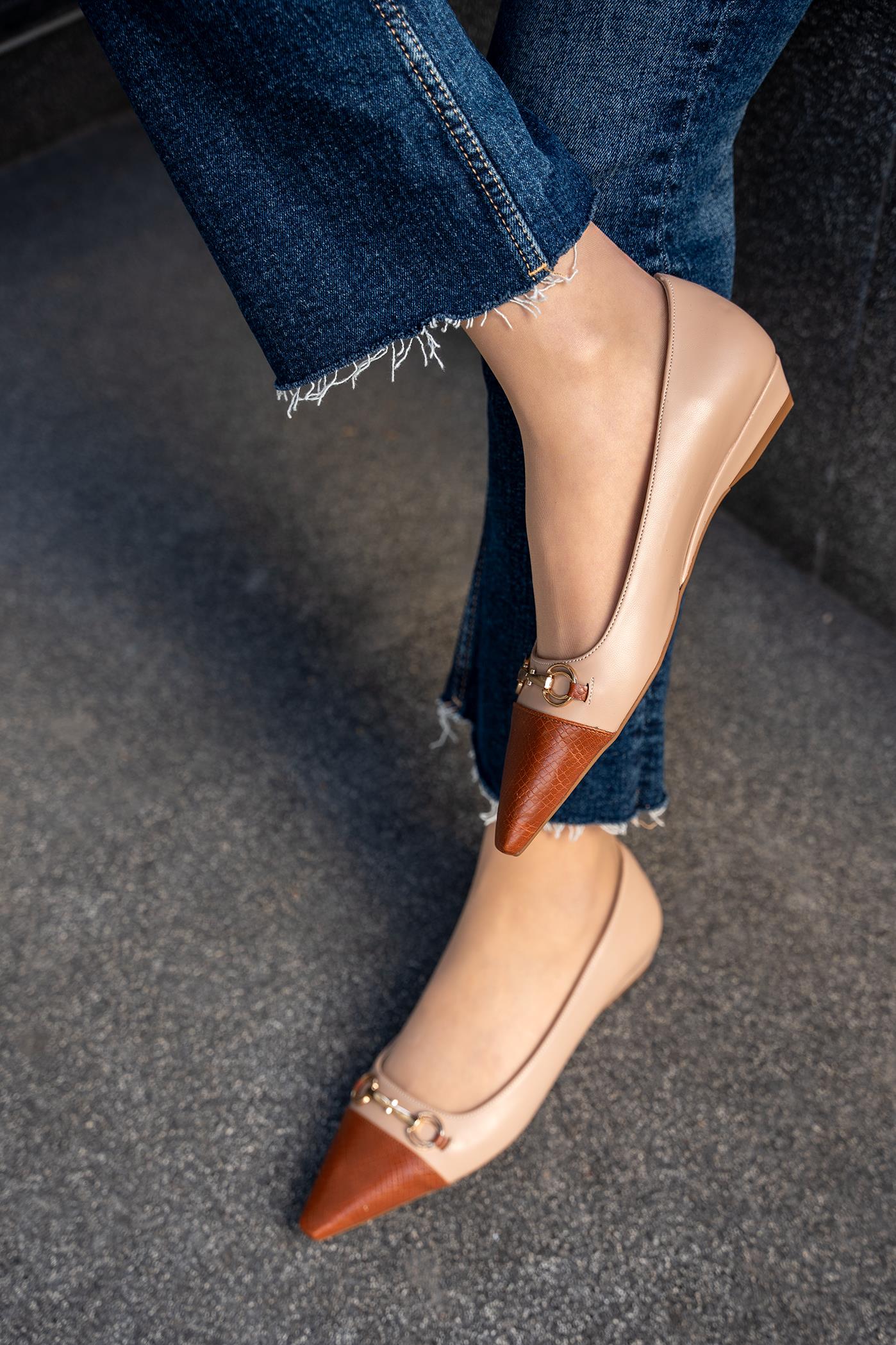 VOYEN GOLD TOKA DETAYLI KADIN BABET - NUDE