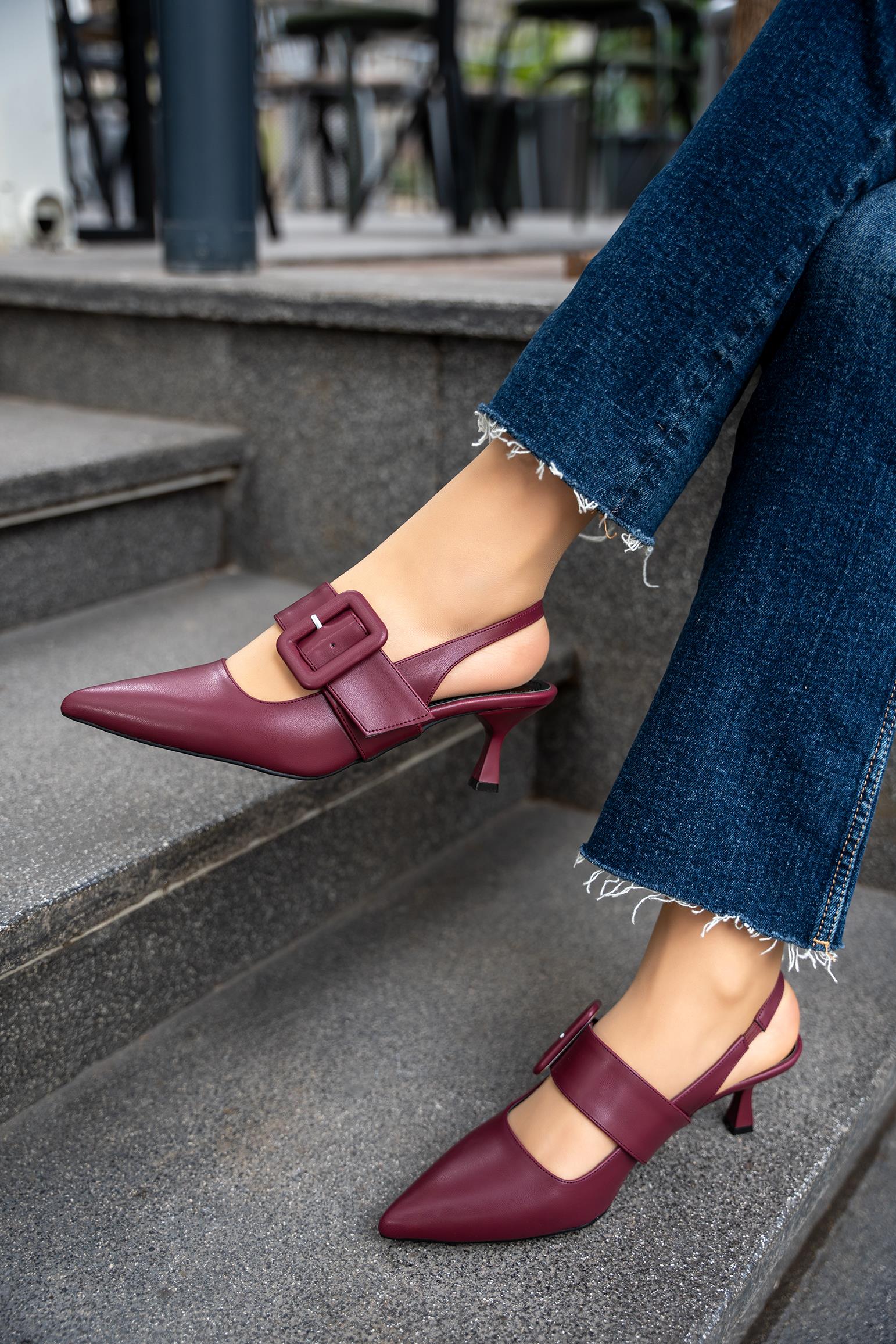 DOBY TOKA DETAYLI KADIN TOPUKLU AYAKKABI - BORDO DERİ