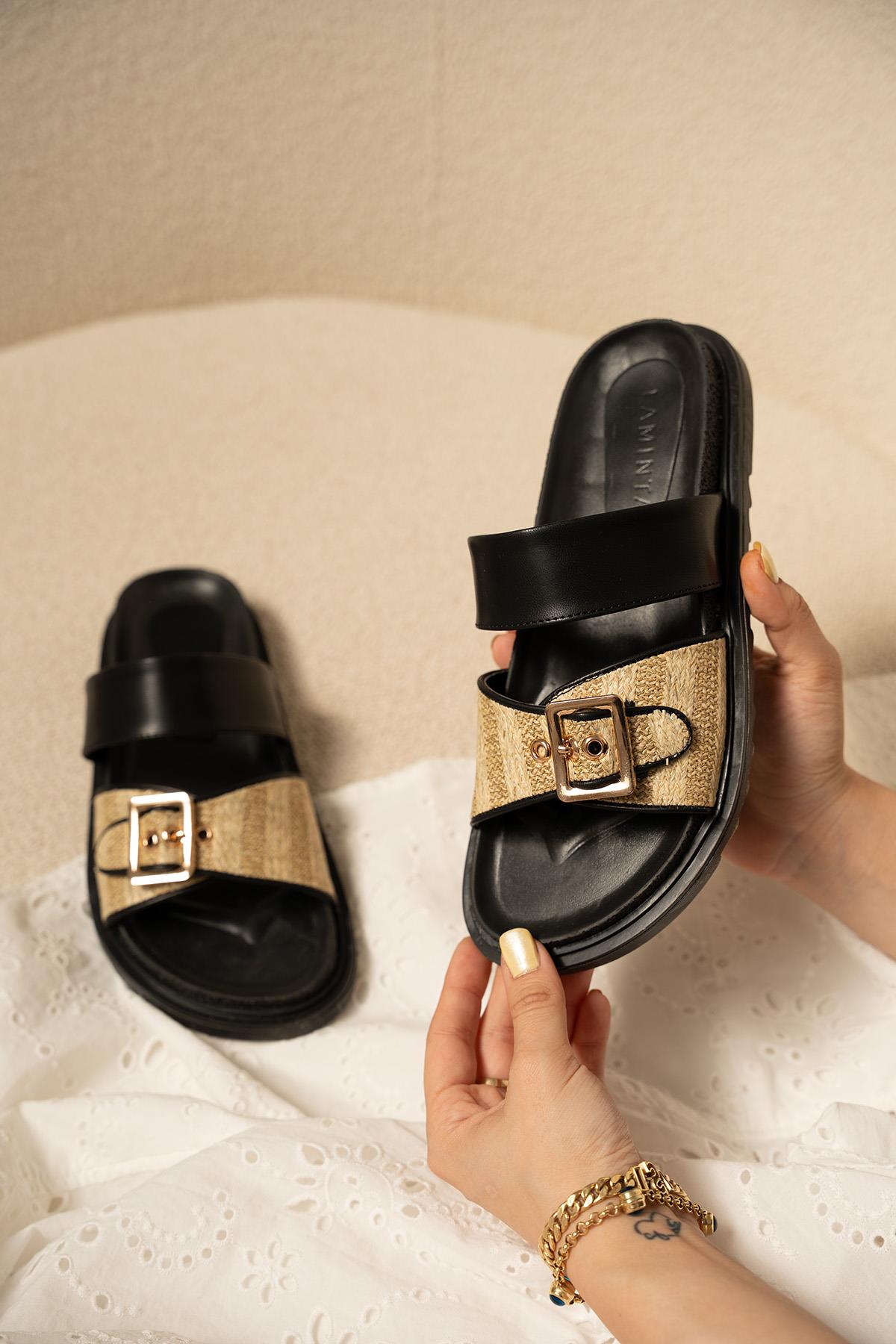 Yudi Hasır Toka Detaylı Kalın Taban Terlik - SİYAH HASIR