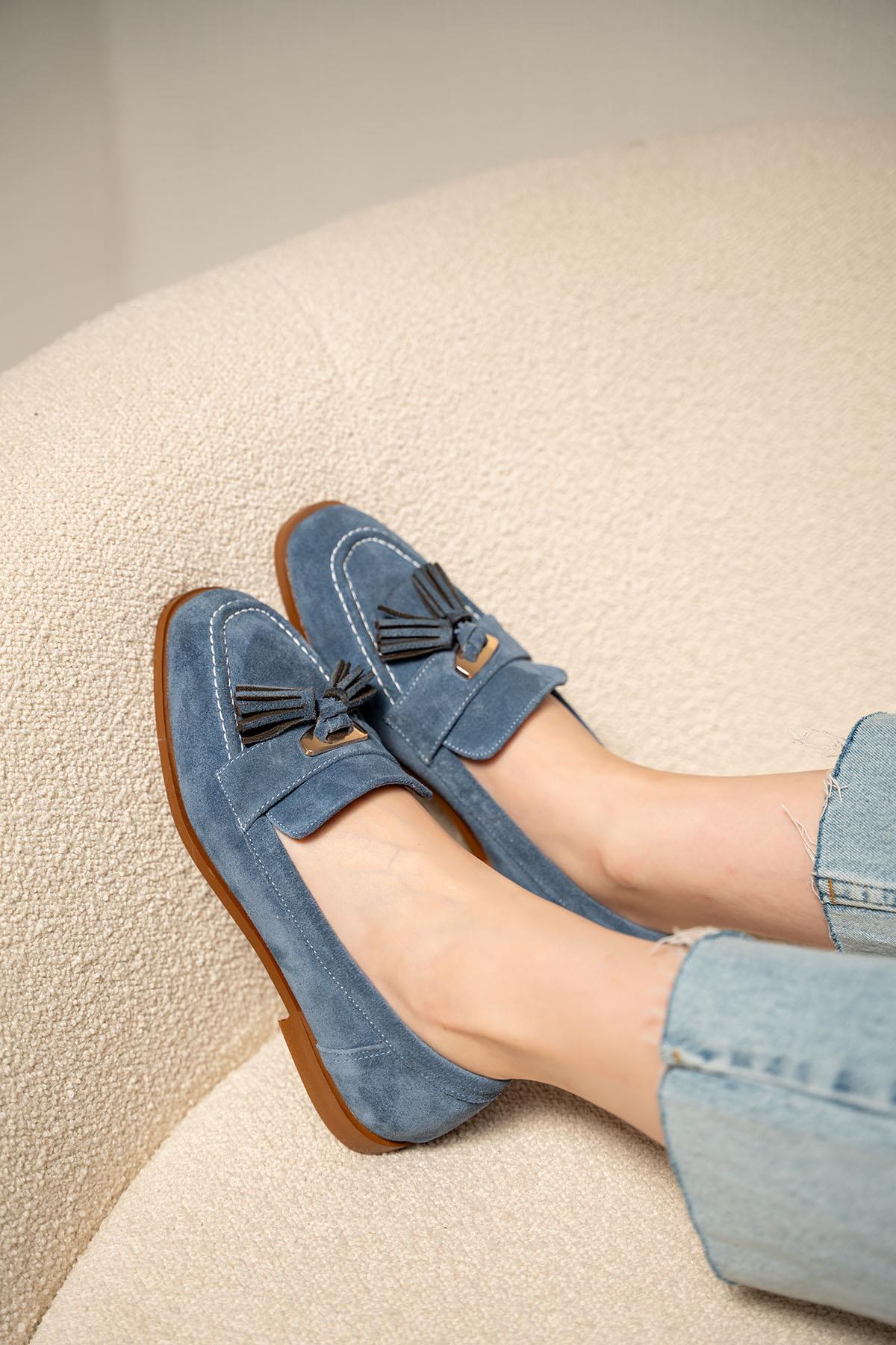 Glomar Püskül Detaylı Hakiki Deri Loafer - LACİVERT SÜET