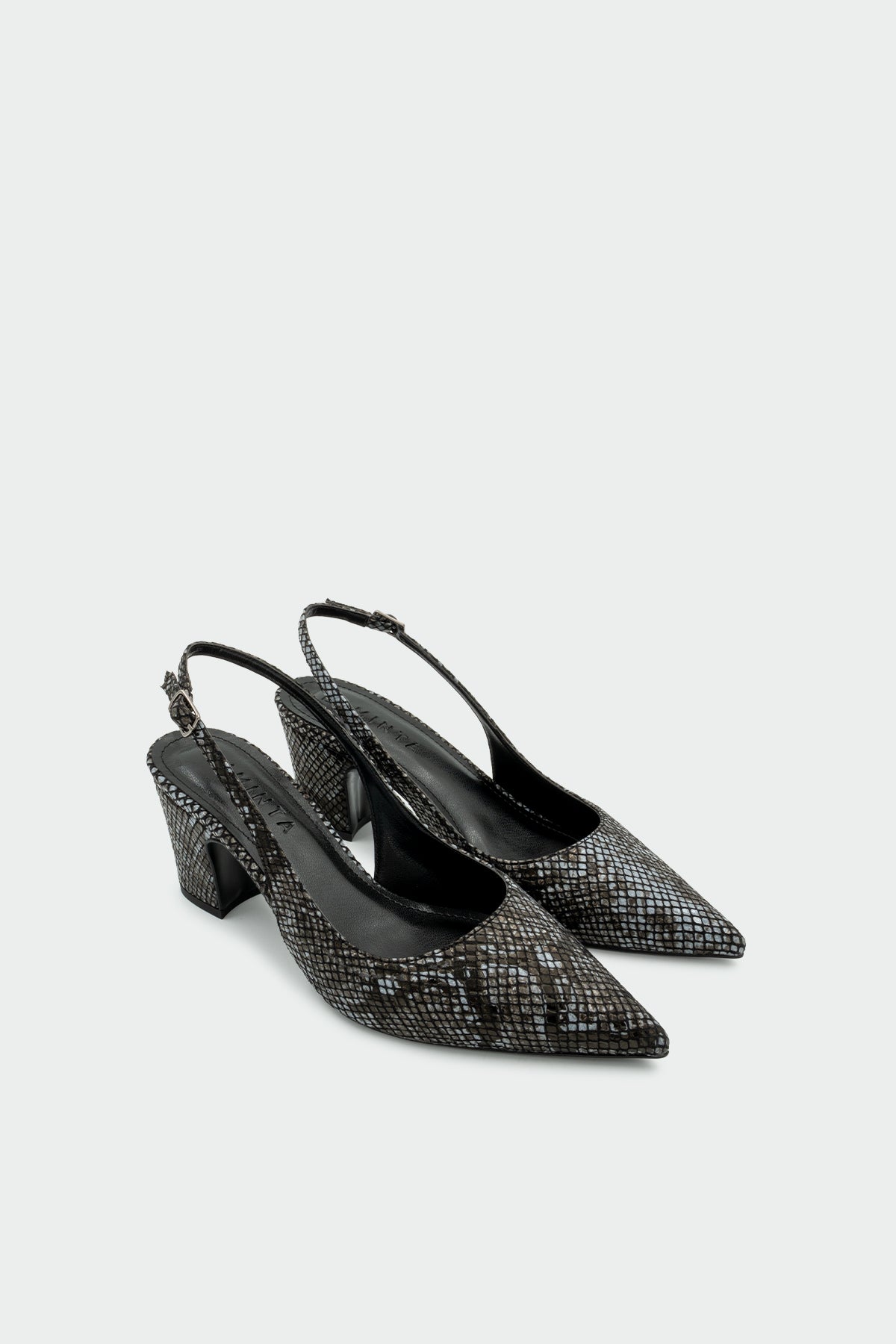 Dice Yılan Derisi Desenli Kadın Kalın Topuklu Ayakkabı - SİYAH