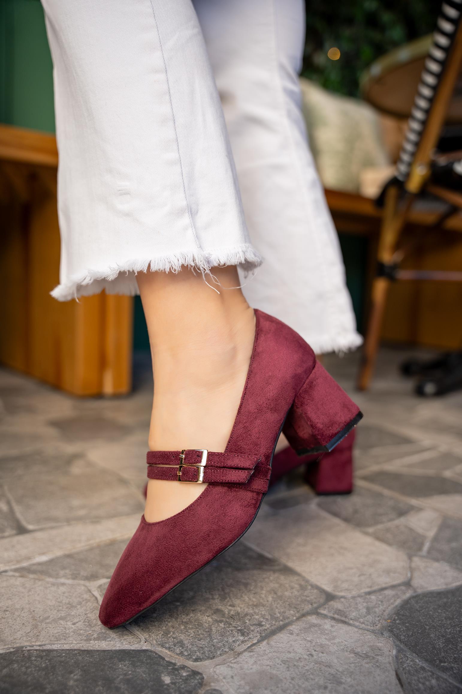 BETİNA TOKALI KALIN TOPUKLU AYAKKABI - BORDO SÜET