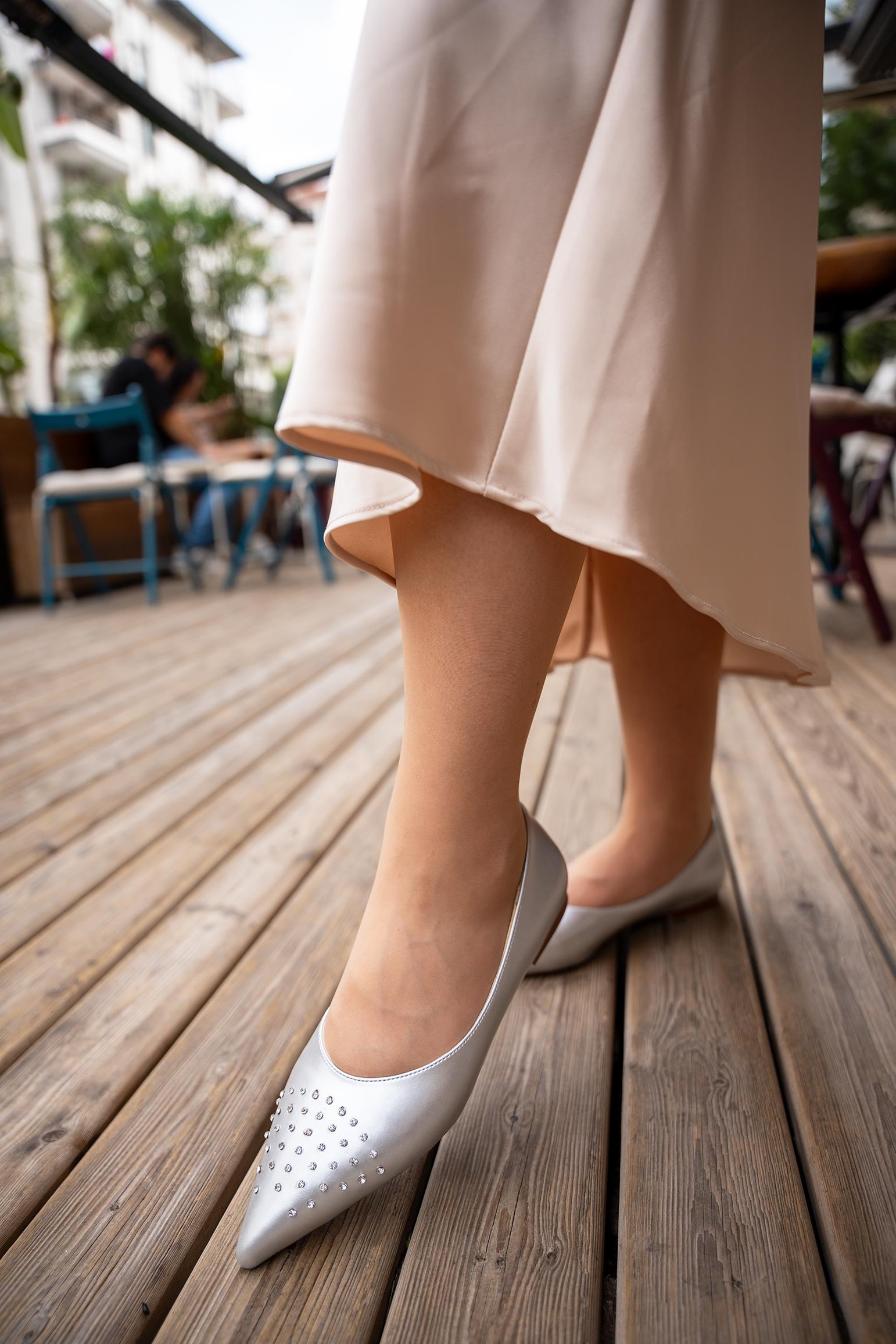 EYYA TAŞ DETAYLI BABET - Silver