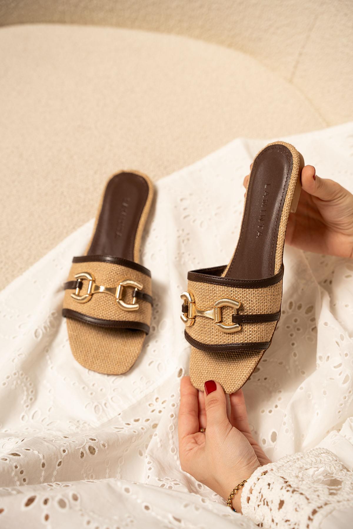 Scarlet Toka Detaylı Hasır Terlik - ACI KAHVE