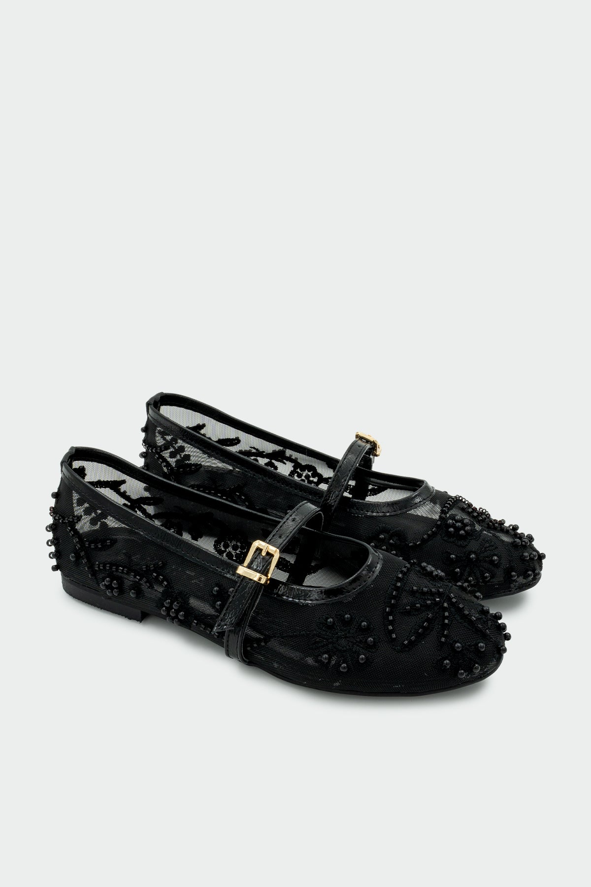 Kai İncili Nakışlı Kadın Düz Babet - SİYAH