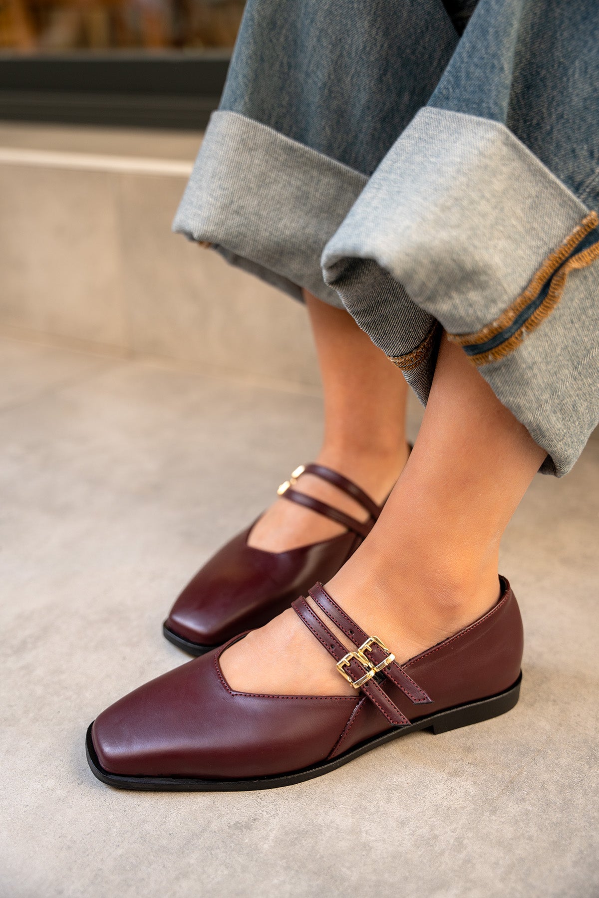 Jadon Çift Toka Detaylı Babet - BORDO DERİ