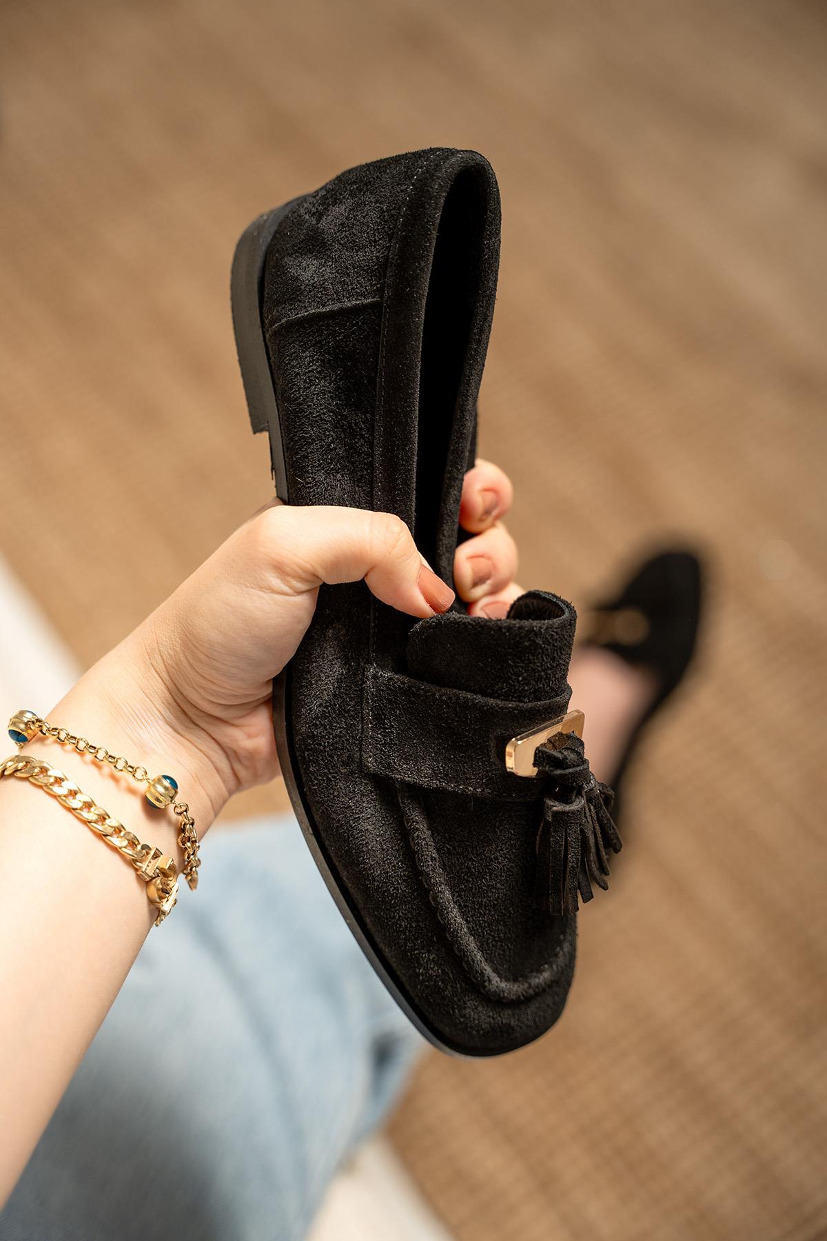 Glomar Püskül Detaylı Hakiki Deri Loafer - SİYAH SÜET