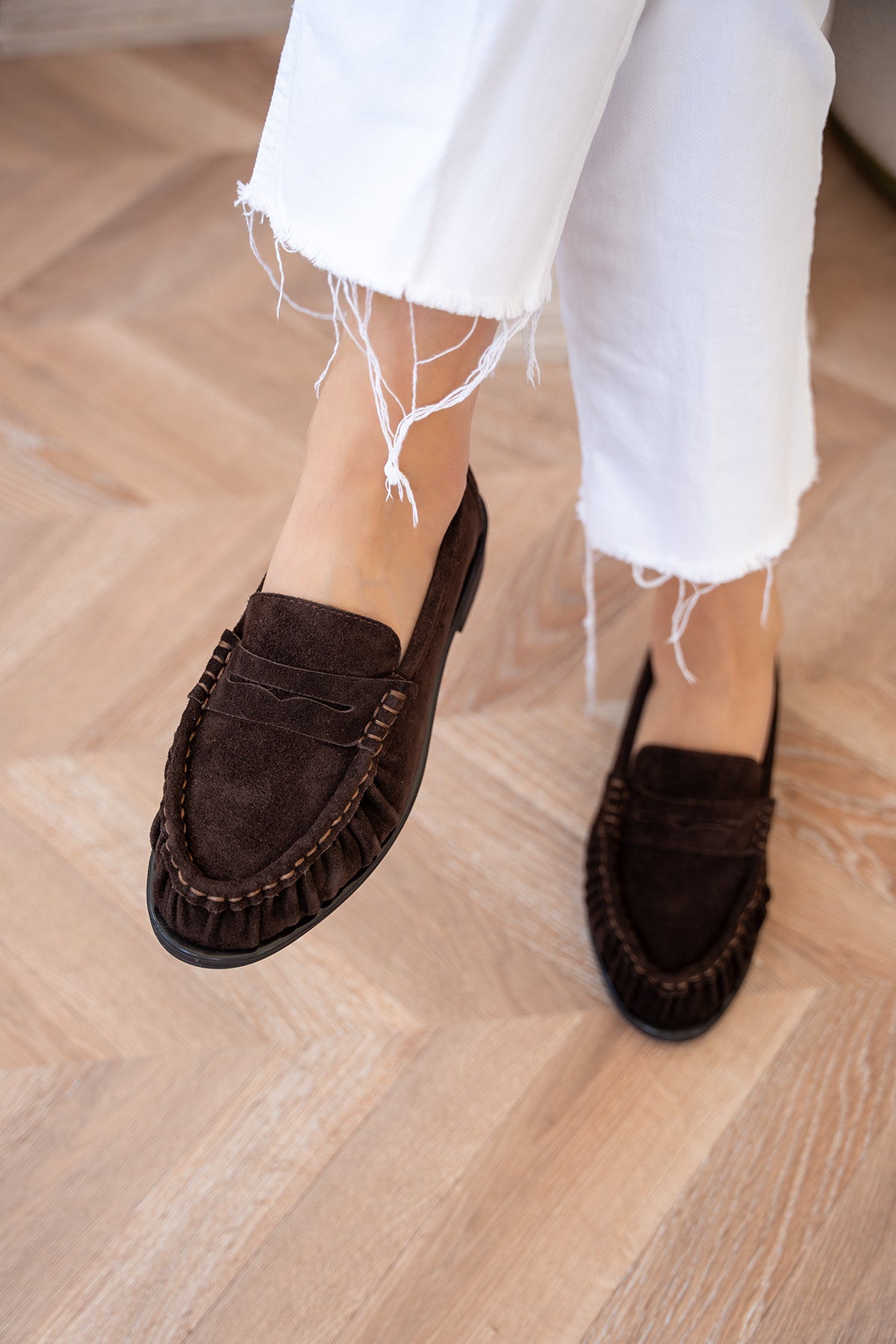 Dipsy Dikiş Detaylı Hakiki Deri Kadın Loafer - AcıKahve Süet