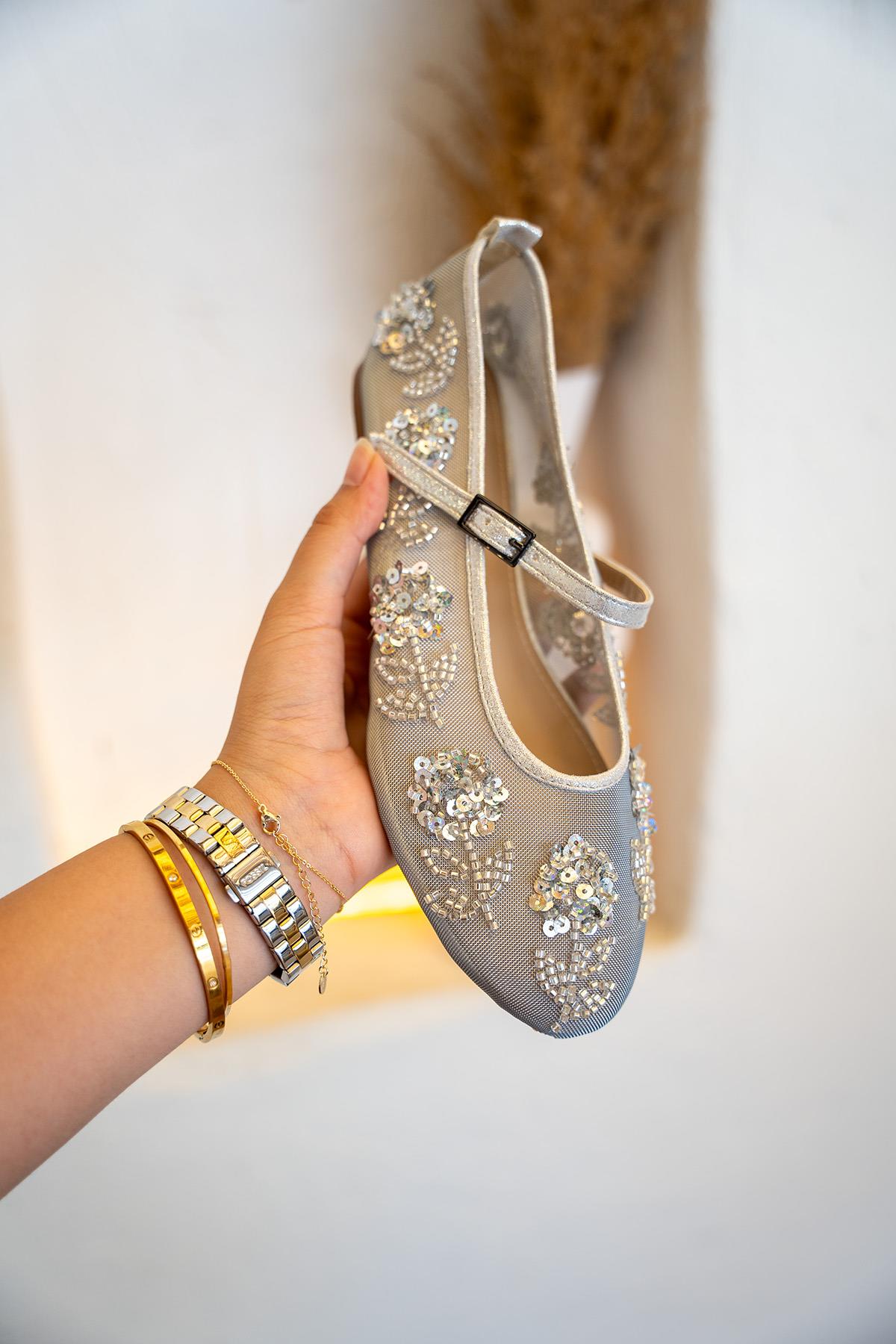 Barbs Boncuk İşlemeli Fileli Babet - Silver